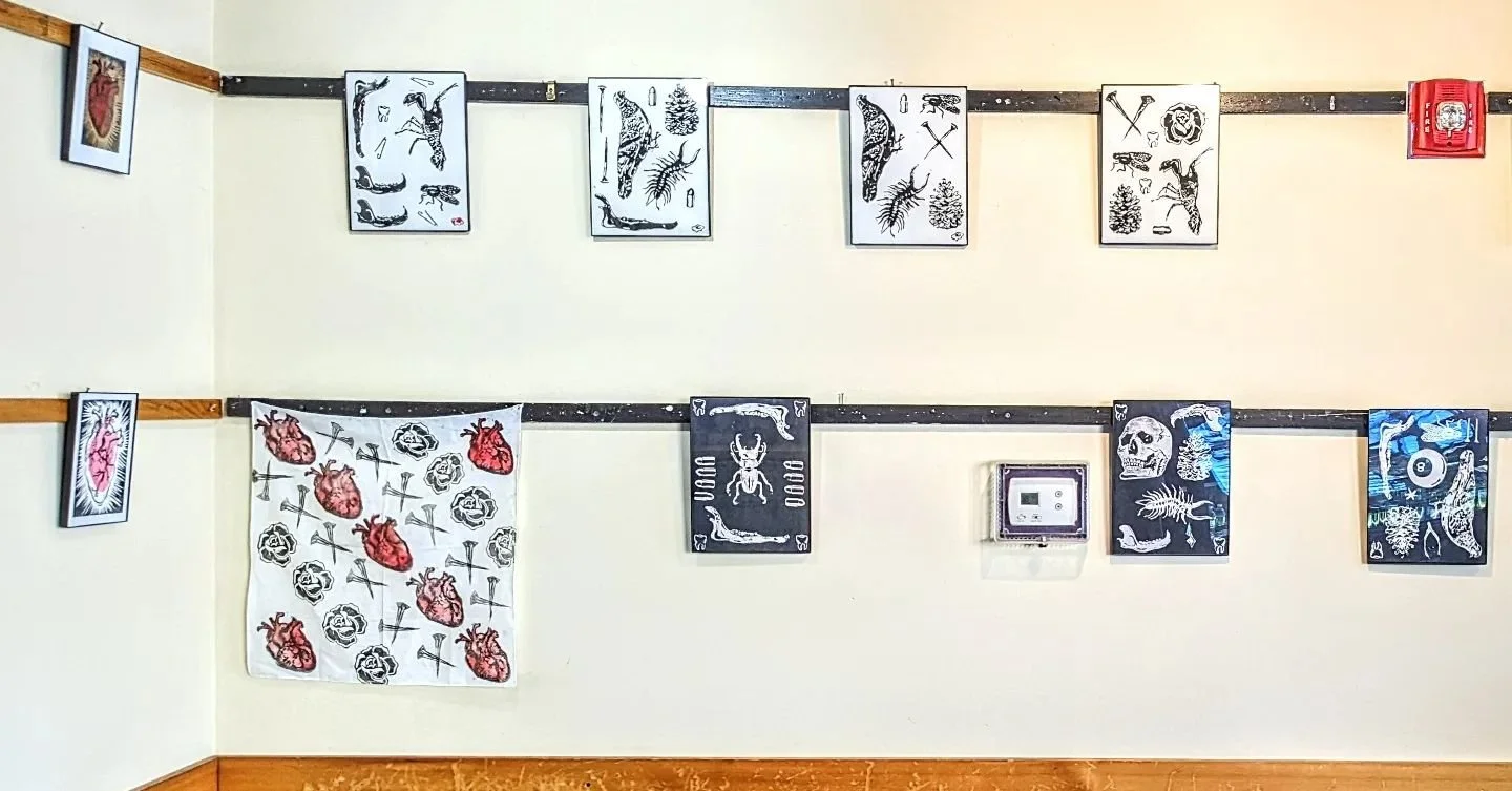 Super stoked to see @brkfstgrl 's work up at @klekolo 

definitely come by tonight, 4-7 to celebrate her love of bones, bugs, and bullets !!! BUY COFFEE - BUY ART - BYE NOW