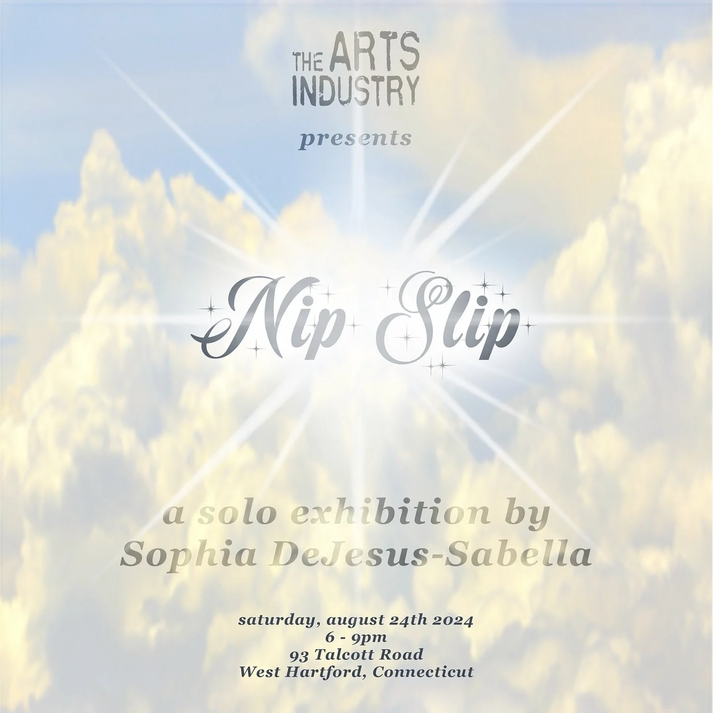 Join us for ✨Nip Slip✨
A solo exhibition by @sophia__djs
Saturday, August 24, 6-9pm
@theartsindustry

Nip Slip is a solo exhibition of fiber, print, sculpture, installation, video, and performance work by Sophia DeJesus-Sabella. The title refers to t