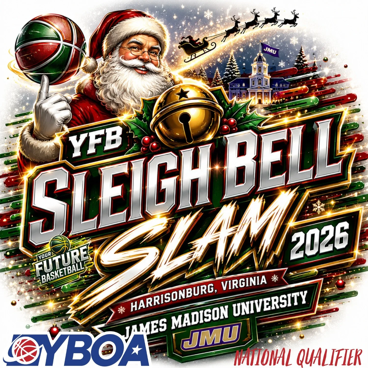 🚨🏀 SCHEDULE UPDATE: NEW DATE! 🎄🔔

The 3rd Annual YFB Sleigh Bell Slam is moving to SUNDAY, DECEMBER 20, 2026!

Due to a scheduling conflict with James Madison University's commencement ceremonies, we've had to move our tournament back one day.

?