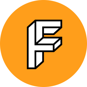 Icon of the letter F in a 3D block style on an orange circular background.