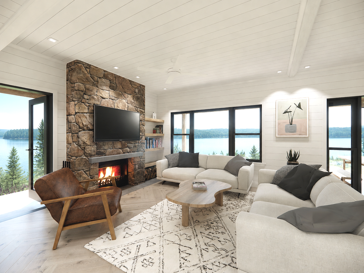 Custom lakefront home interior with large windows, natural light and views of the surrounding Nova Scotia landscape.