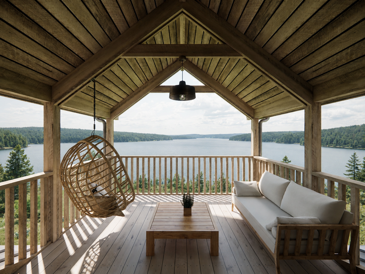 Wooden balcony of custom built house overlooking Hennigar Lake, Chester Grant Nova Scotia