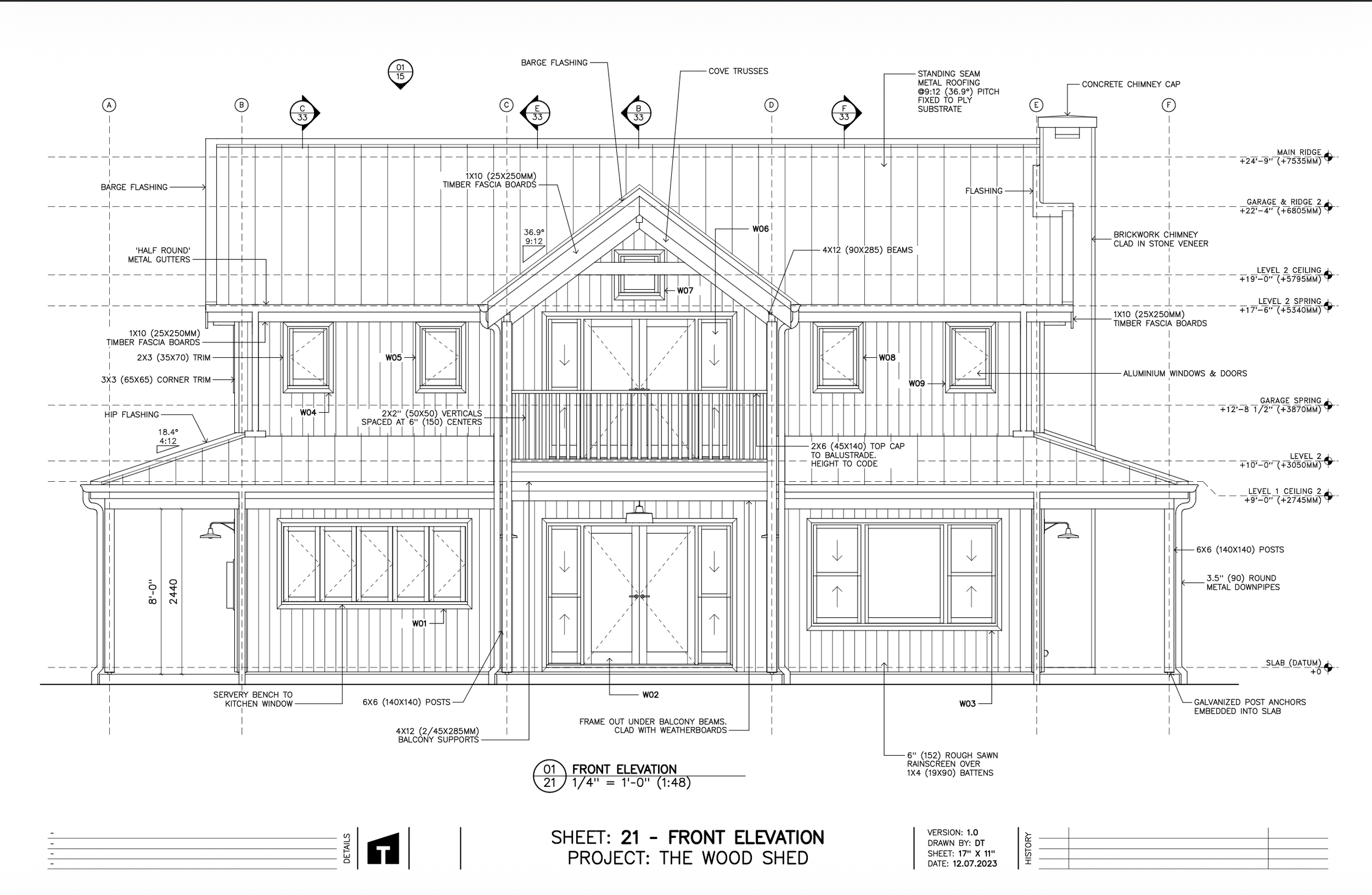 Architectural blueprint of a front elevation of a wood shed, detailing construction elements like roof structure, windows, doors, and structural supports.