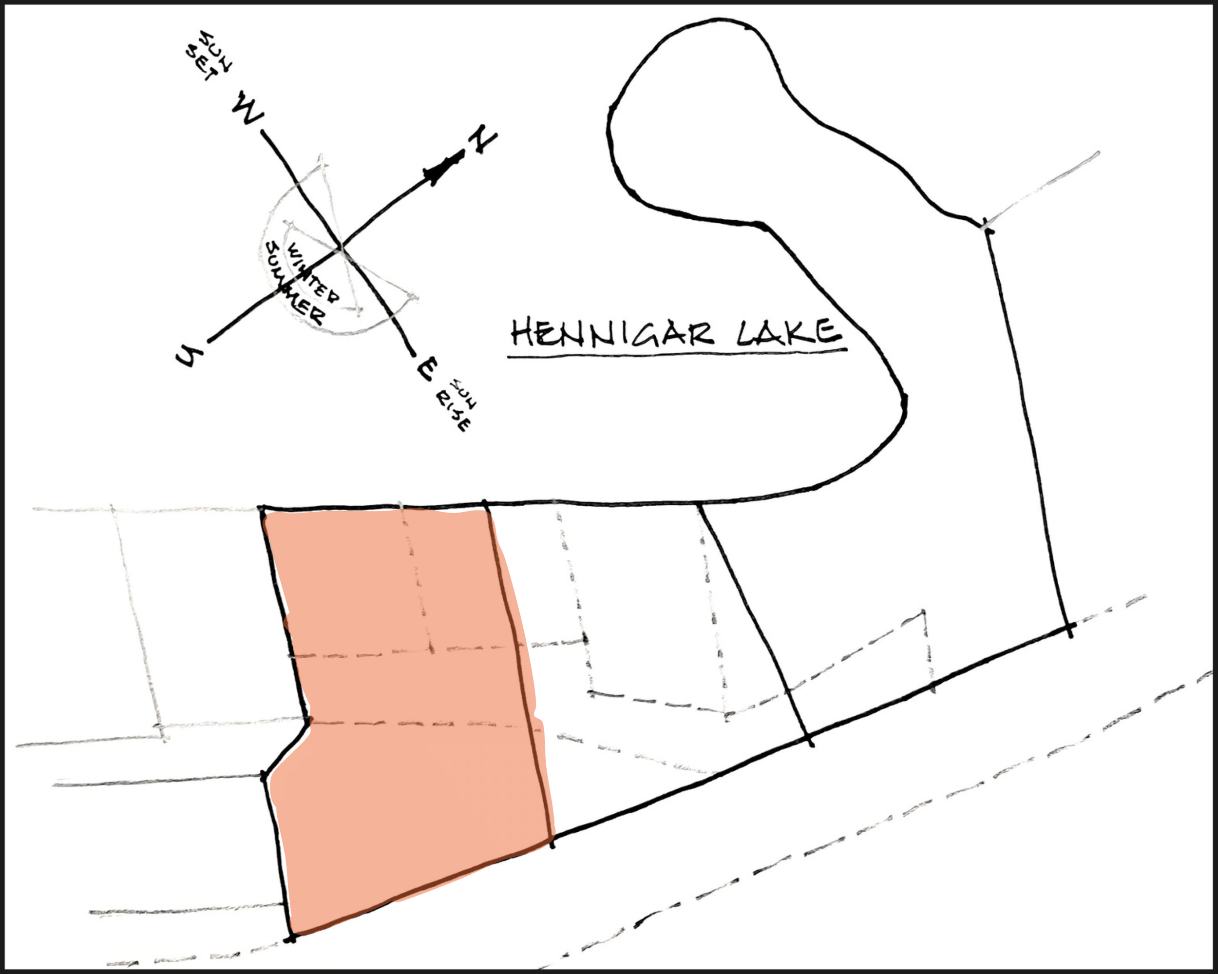 A hand-drawn map showing a large water body labeled Hennigar Lake, with roads and a highlighted pink rectangular area.