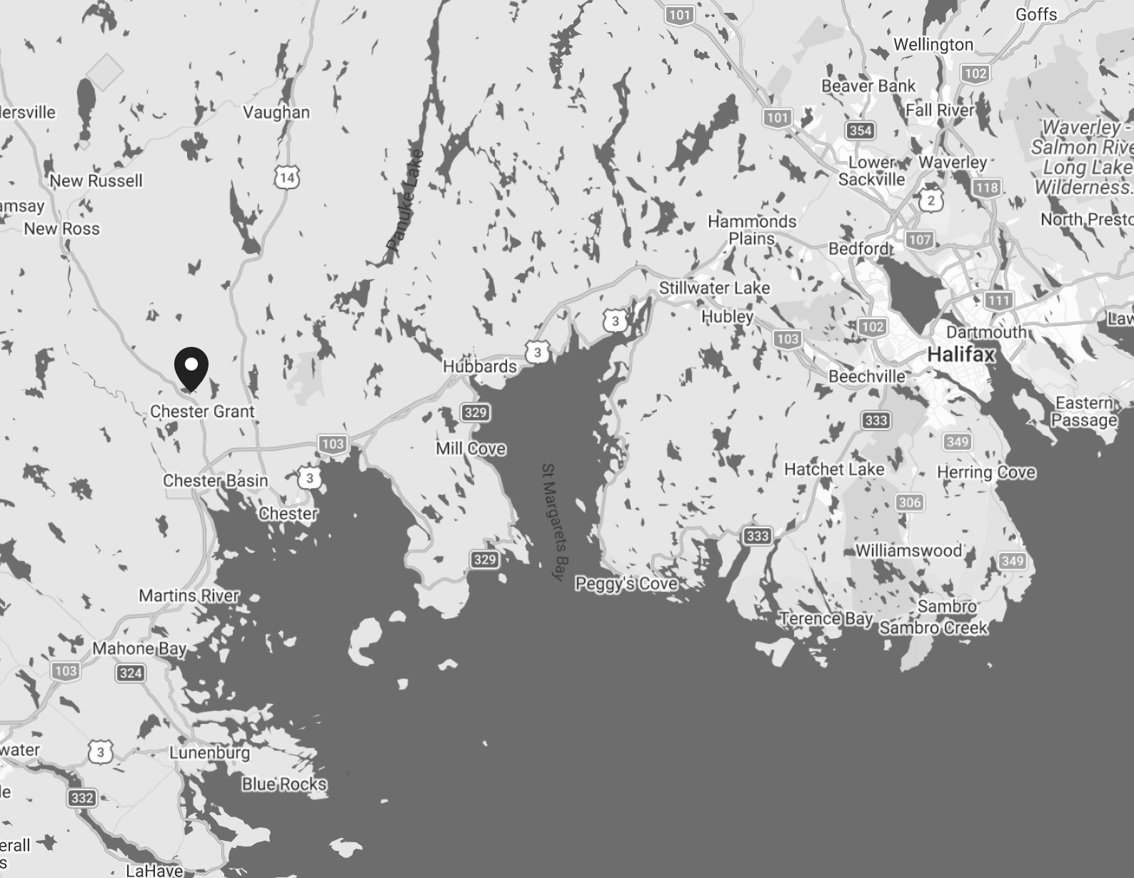Map showing the location of the Hennigar Lake property in Chester Grant, Nova Scotia, approximately 45 minutes from Halifax.