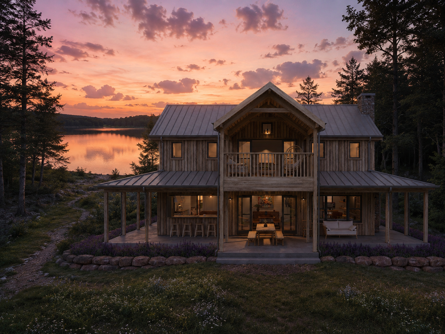 A rustic wooden house overlooking a lake at sunset with trees surrounding it, warm lights inside, porch with outdoor furniture, and a sky with pink and purple clouds.