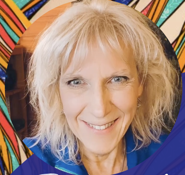Smiling person with blonde hair, colorful geometric pattern background.