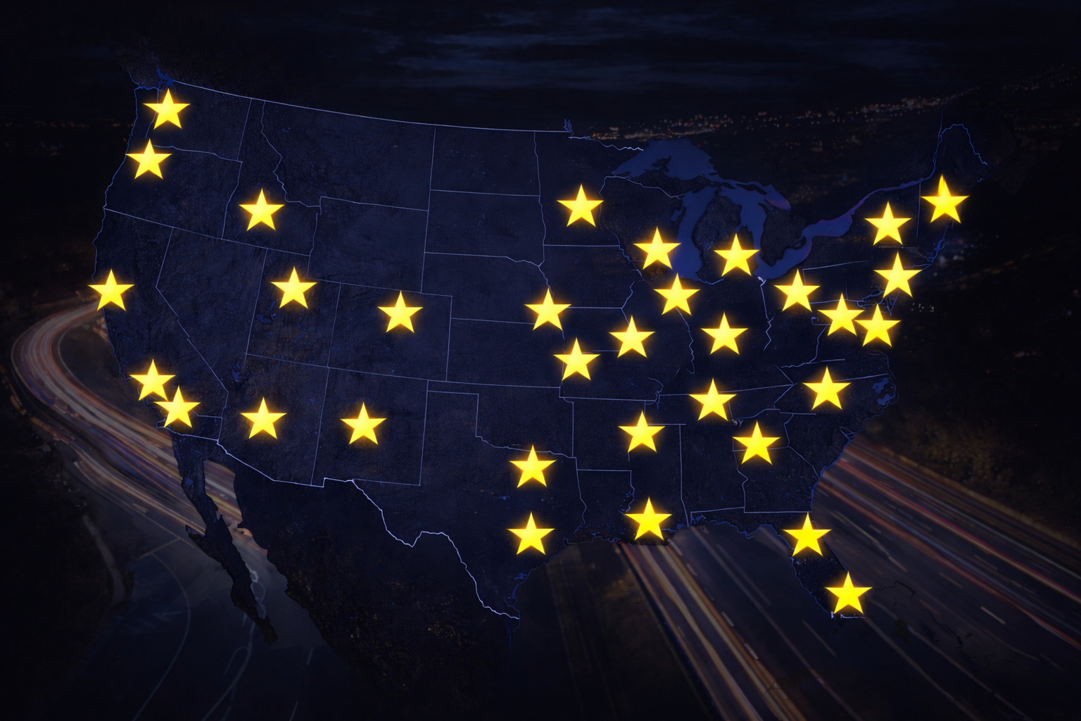Night map of the United States with yellow stars marking certain locations across the country.