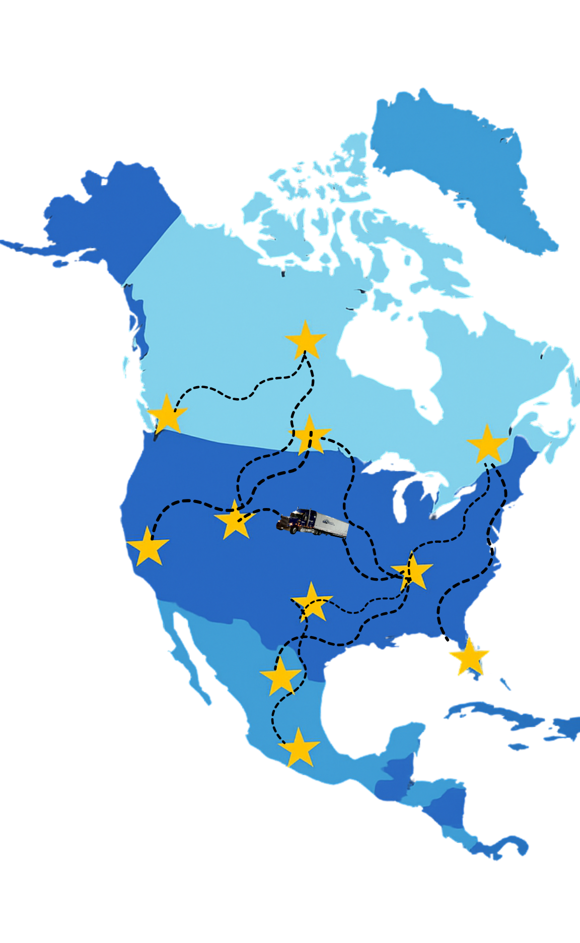 Map of North America with a transportation route marked by dashed lines connecting several countries, with a truck icon on the route and stars indicating key locations.