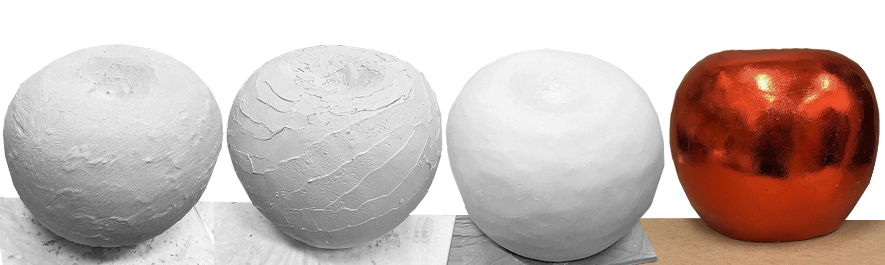 Foam cherries covered in foam coat, plaster, sanding and final metallic surface treatment.
