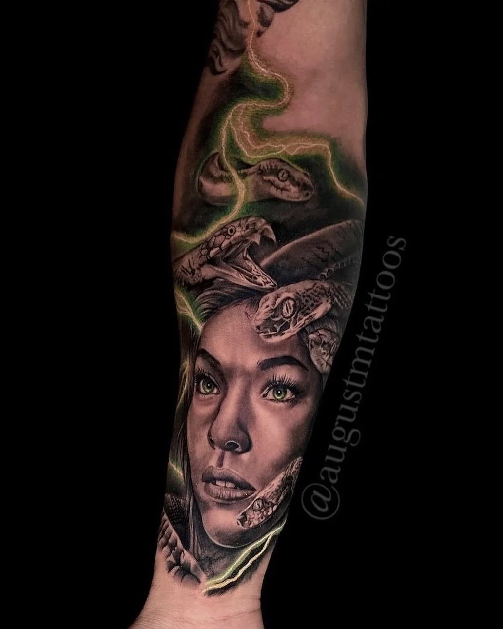 Medusa using client&rsquo;s wife&rsquo;s face by artist @augustmtattoos 

dm us or email her at booking@augustmoreno.com