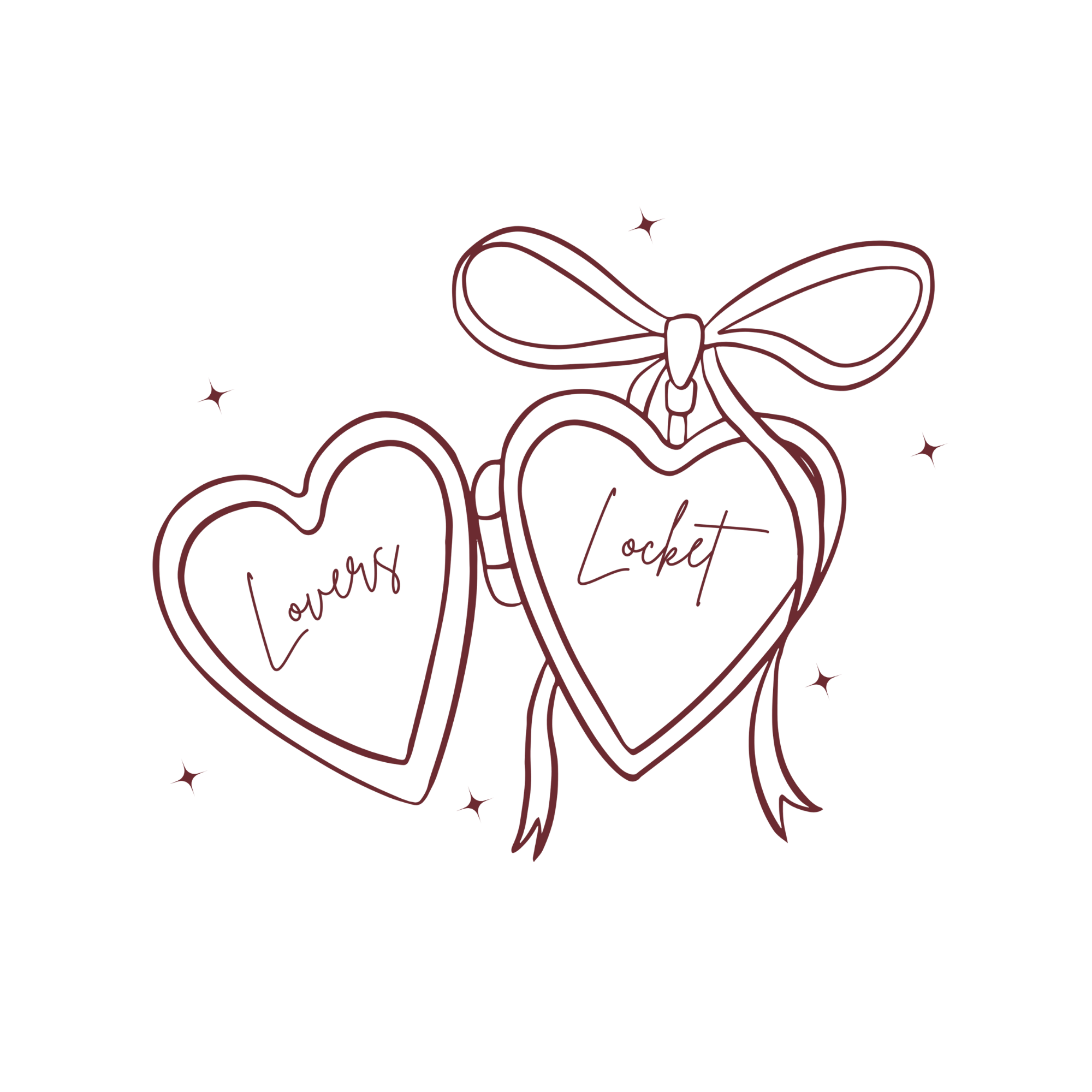 Decorative black background with pink outline of a heart-shaped locket, a bow, and the words "Lovers" and "Locket" surrounded by small star sparkles.