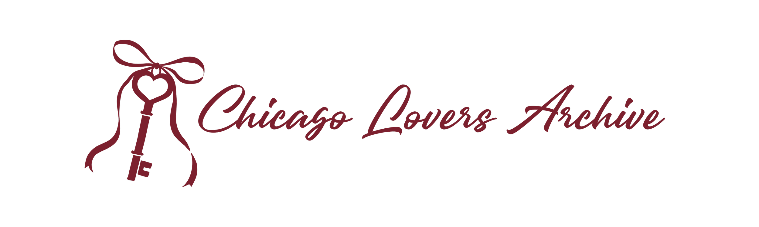 Logo for Chicago Lovers Archive with a wine bottle and heart shaped bow design.