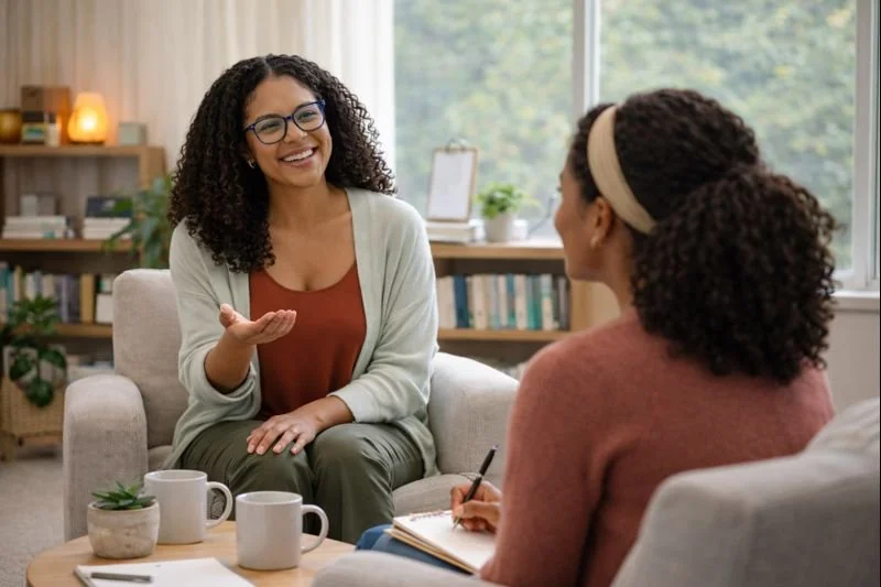 Two Black women engaged in an individual therapy session, with a therapist speaking warmly and a client taking notes in a cozy, light-filled counseling office focused on emotional support and healing.