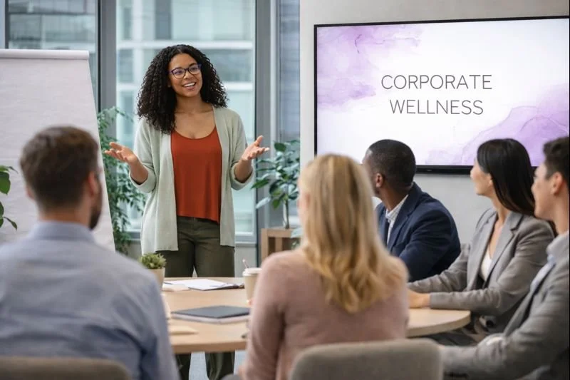 Black female wellness facilitator leading a corporate wellness workshop for a diverse team, presenting stress management and mental health strategies in a modern office conference room.