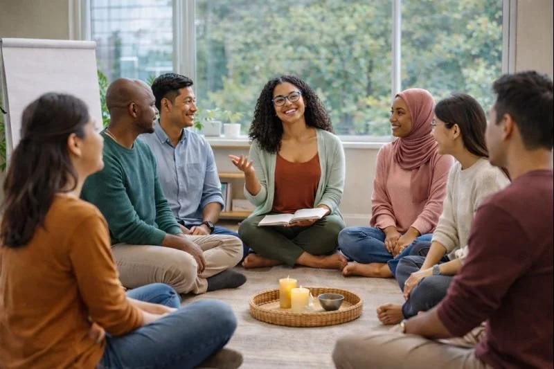 Diverse group of adults seated in a circle during a somatic therapy group session, led by a Black female therapist facilitating mindful discussion and emotional healing in a calm, light-filled wellness space.