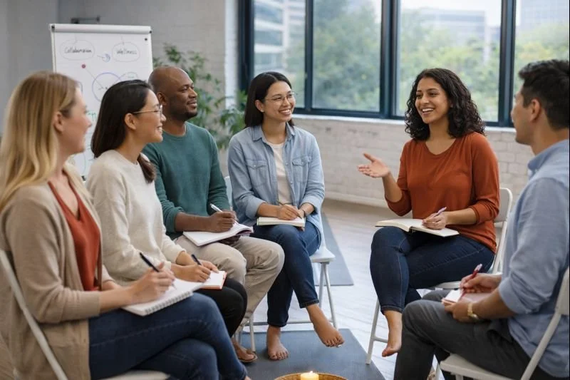 Diverse group of adults participating in a wellness workshop, sitting in a circle with notebooks and engaging in guided discussion focused on emotional well-being and group support.