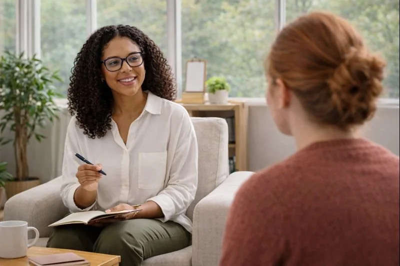 Black female therapist holding a notebook and listening attentively during an individual talk therapy session with a client in a calm, light-filled counseling office.
