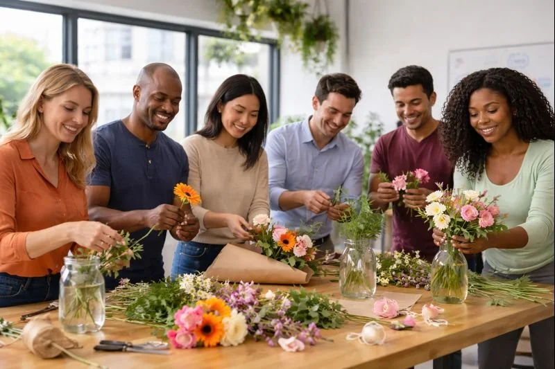 Diverse group of coworkers participating in a corporate wellness activity, making flower bouquets together in a bright office setting to support team connection and workplace well-being.
