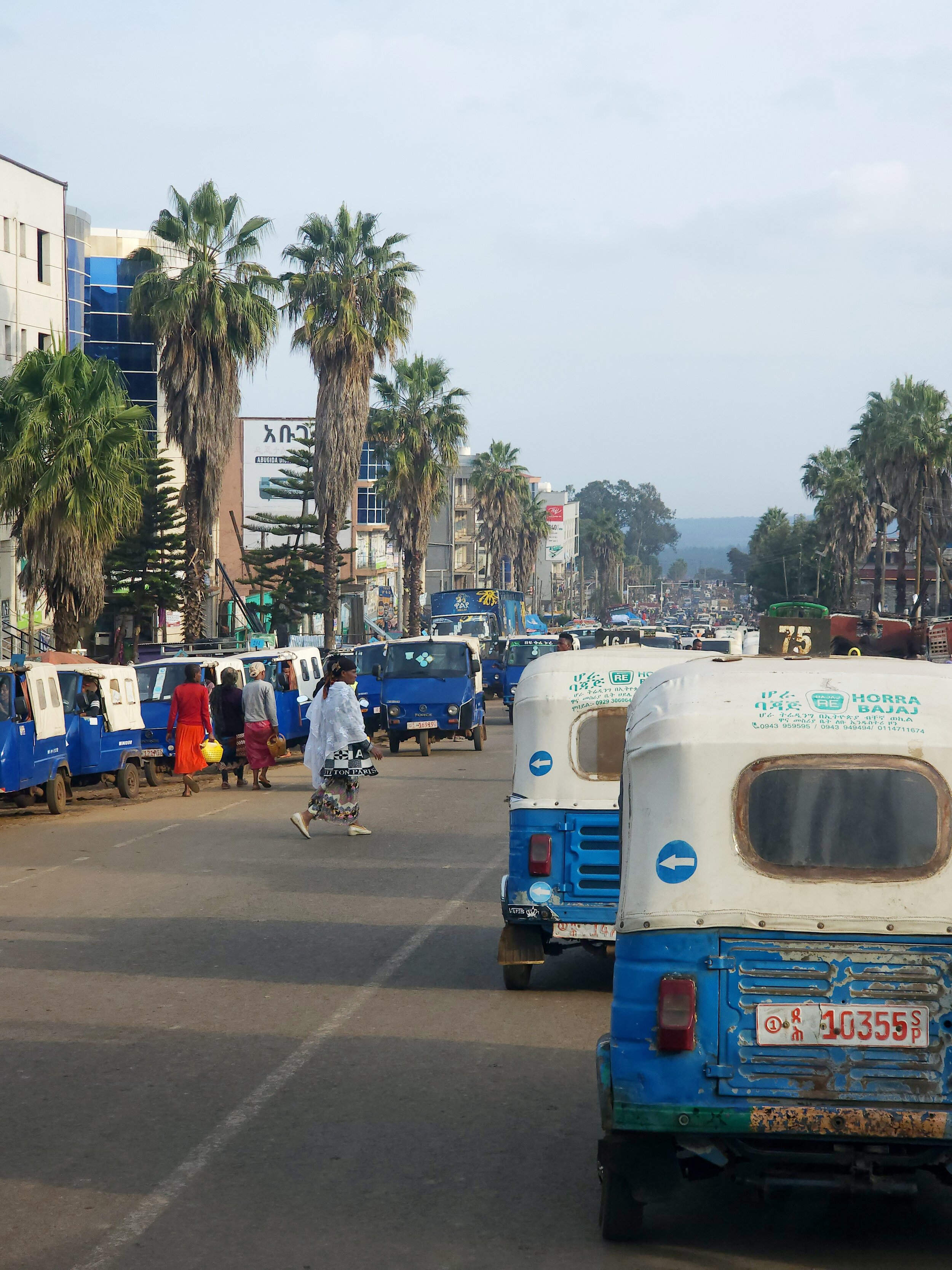 Street scene with blue three-wheeled vehicles, palm trees, and pedestrians