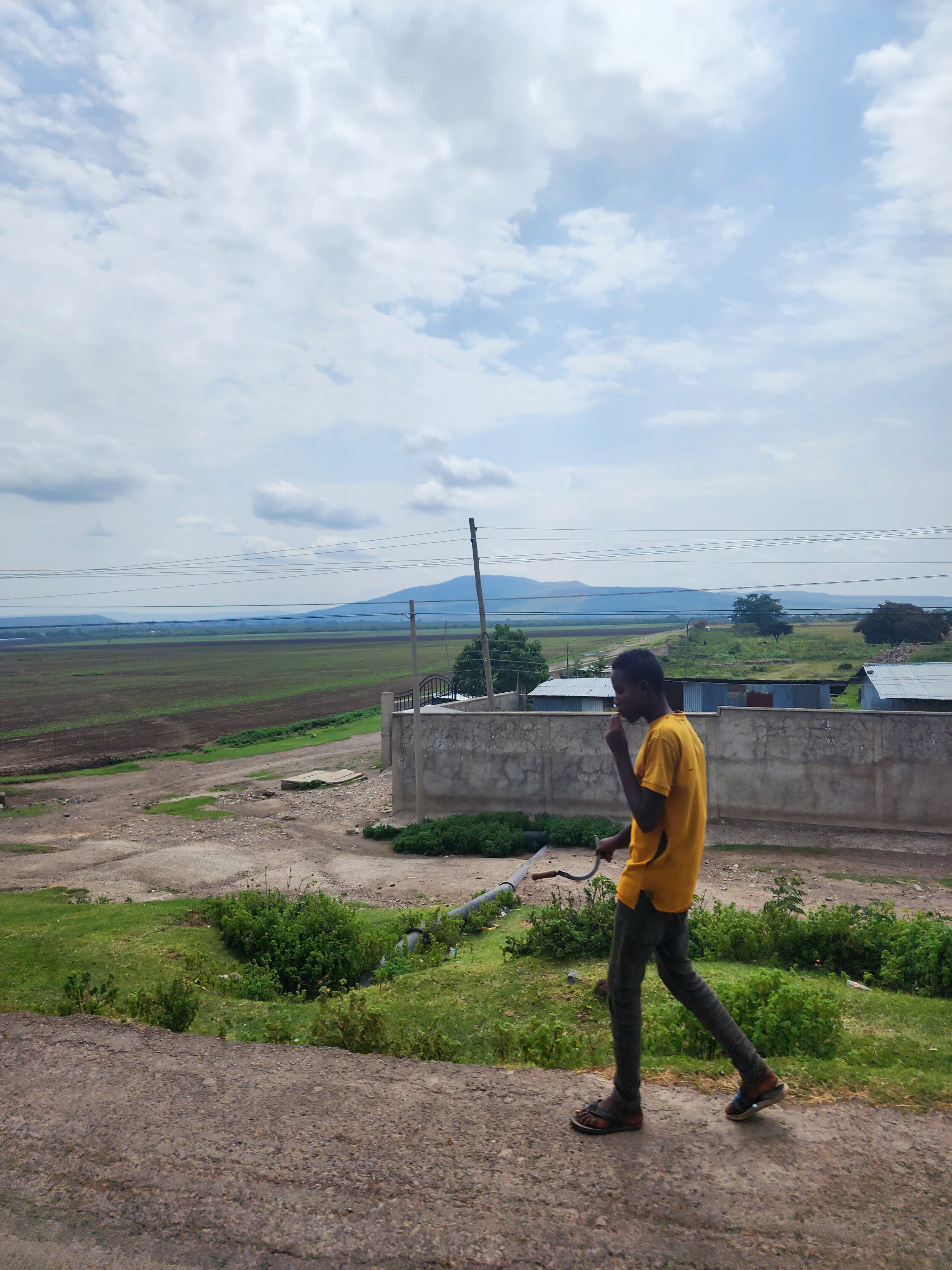 An Ethiopian man in a yellow shirt walking along a road with a rural landscape in the background, featuring fields, a building, and a distant mountain under a partly cloudy sky.