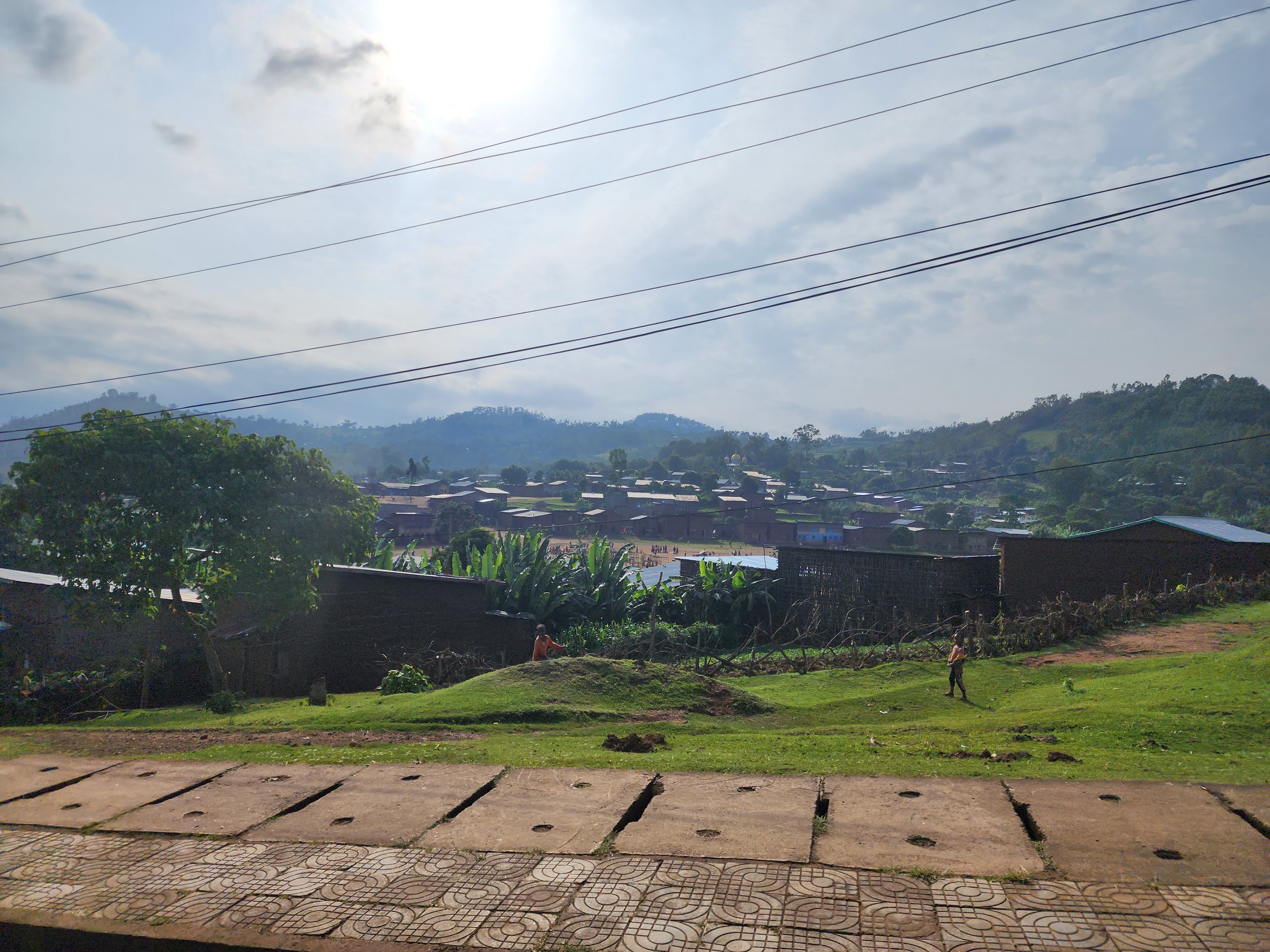 Scenic rural landscape with grassy field, trees, power lines, and distant buildings under a cloudy sky in Ethiopia.