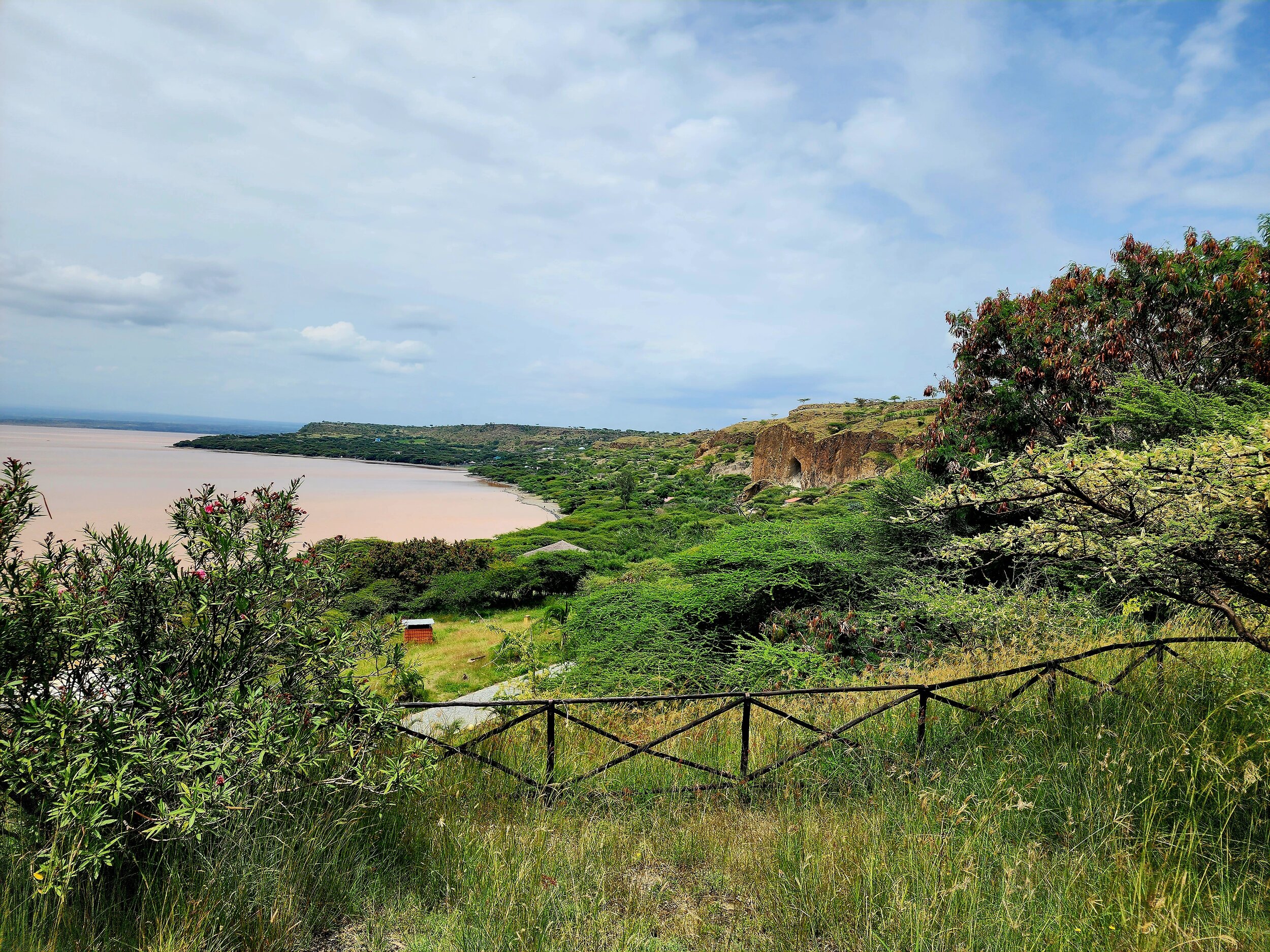 A scenic view of a lush green landscape with a grassy hill, trees, a lake in the background, and a partly cloudy sky in Ethiopia.