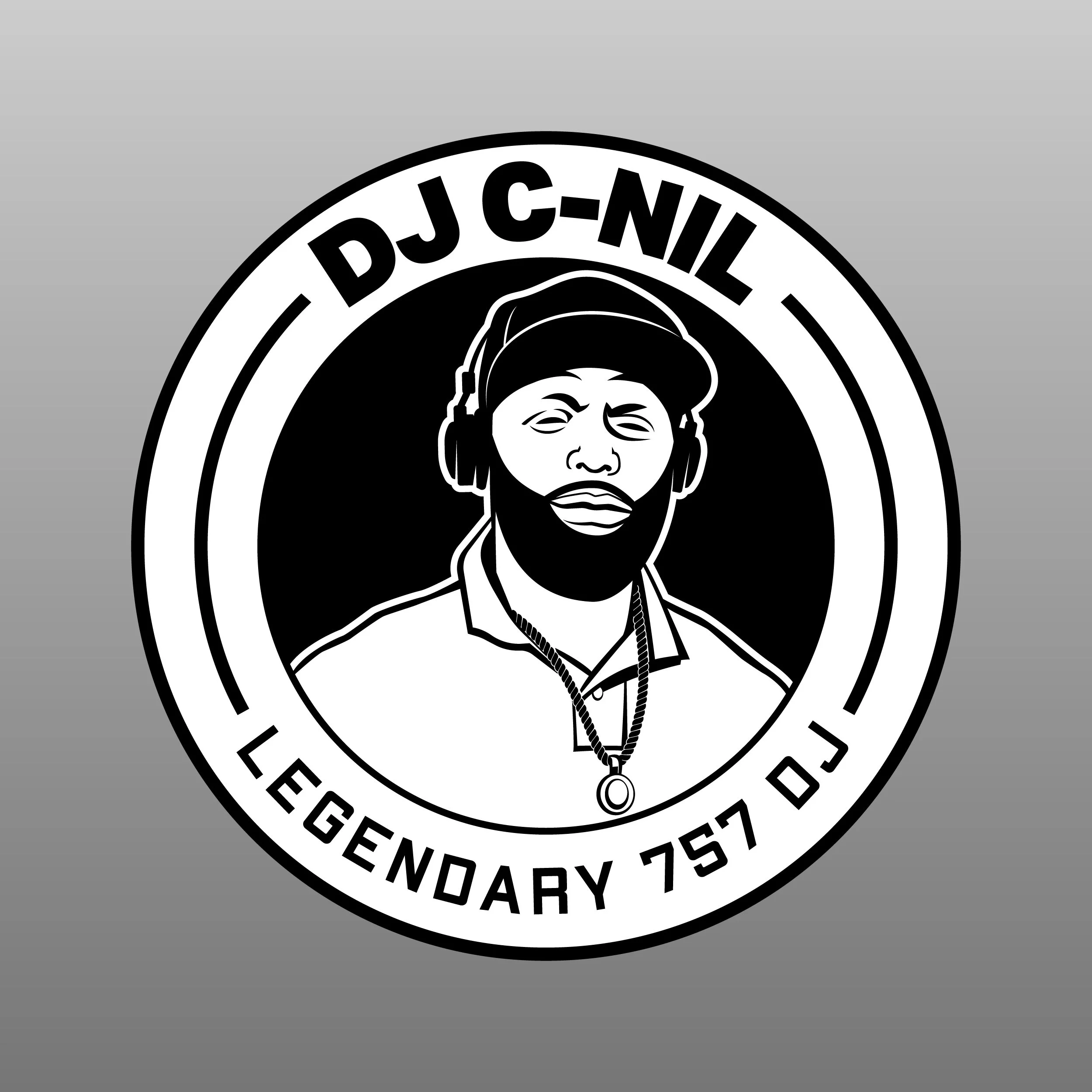 Logo of DJ C-Nil, featuring a stylized illustration of a person wearing headphones inside a circle. The text reads 'Legendary 757 DJ'."