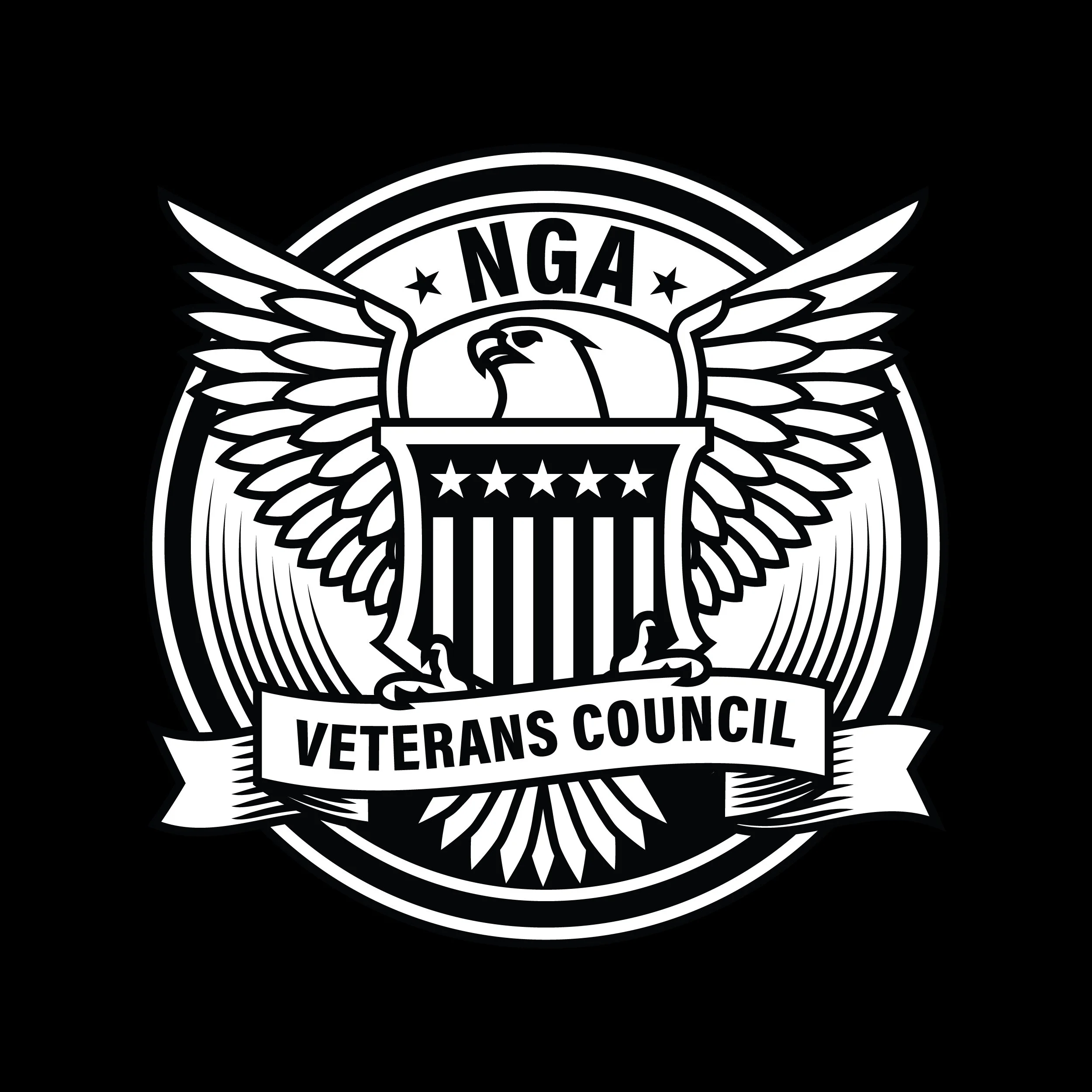 Illustration of an eagle with outstretched wings holding a shield, featuring stars and stripes. The letters "NGA" are above the eagle, and "Veterans Council" is written on a banner at the bottom of the design.