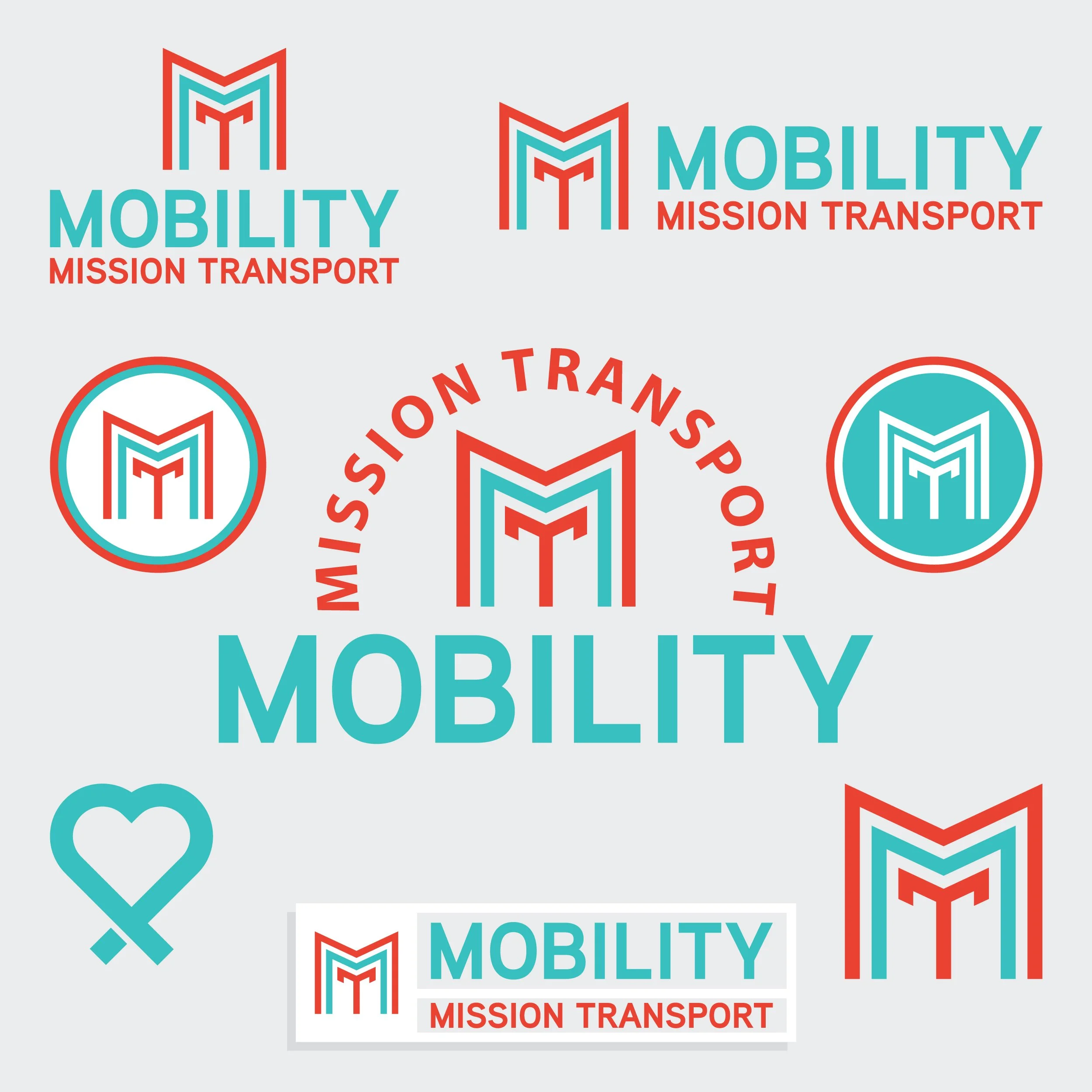 Assorted logos of "Mobility Mission Transport" in red and teal, featuring a stylized "M".