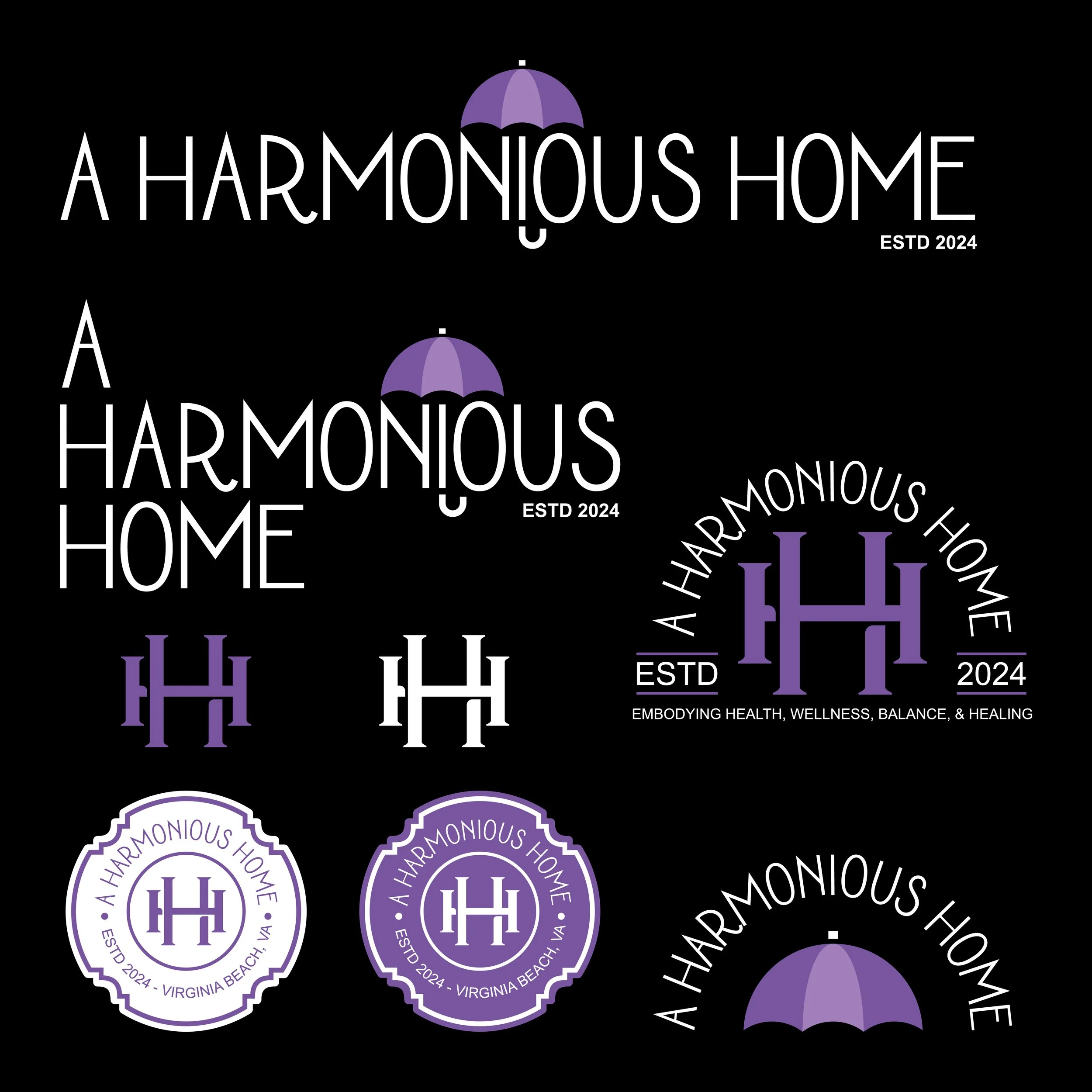 Various logos for "A Harmonious Home" featuring purple and black designs with an umbrella motif and the initials "HH." Established 2024, emphasizing health, wellness, balance, and healing.
