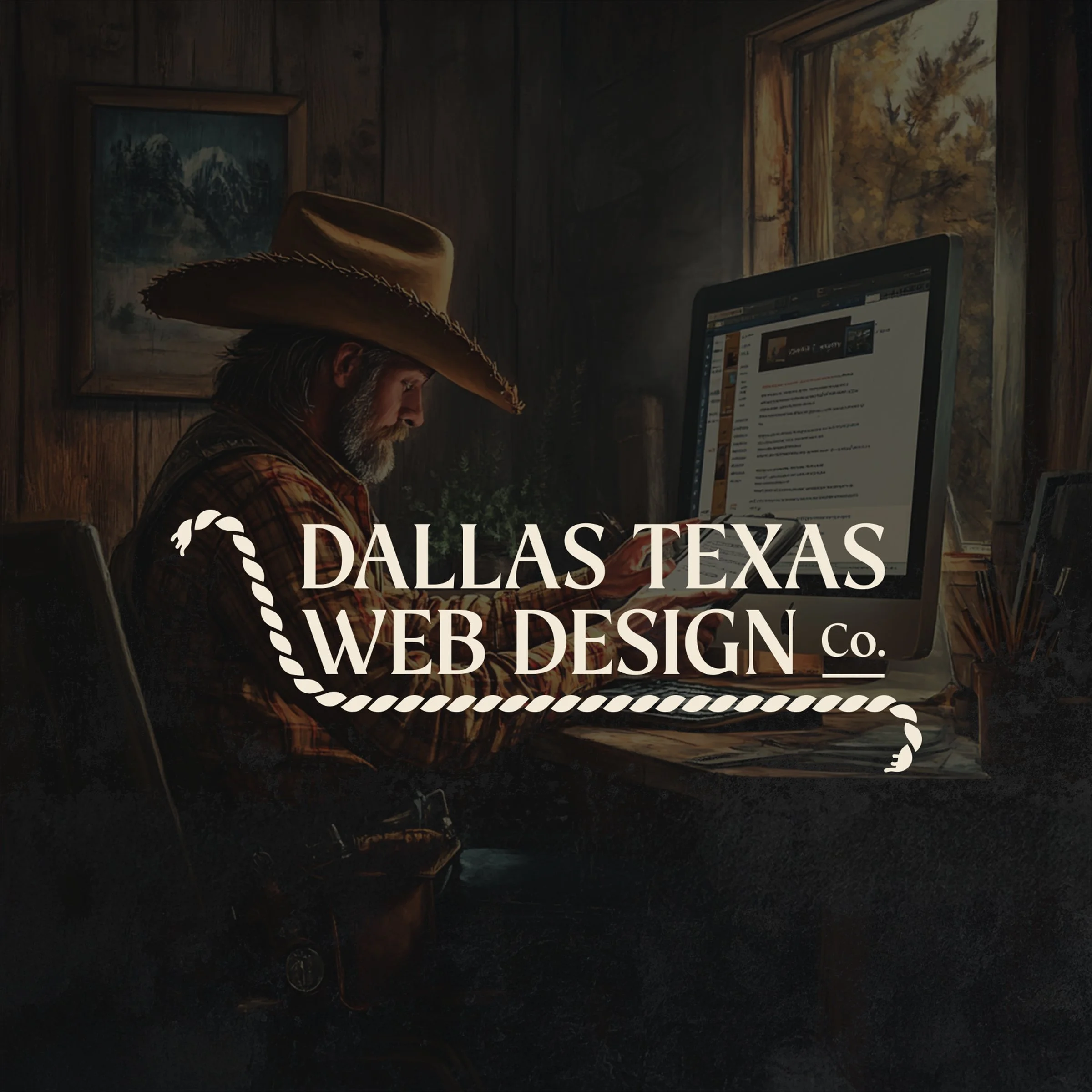 Man in cowboy hat using computer, text overlay reads 'Dallas Texas Web Design Co.'