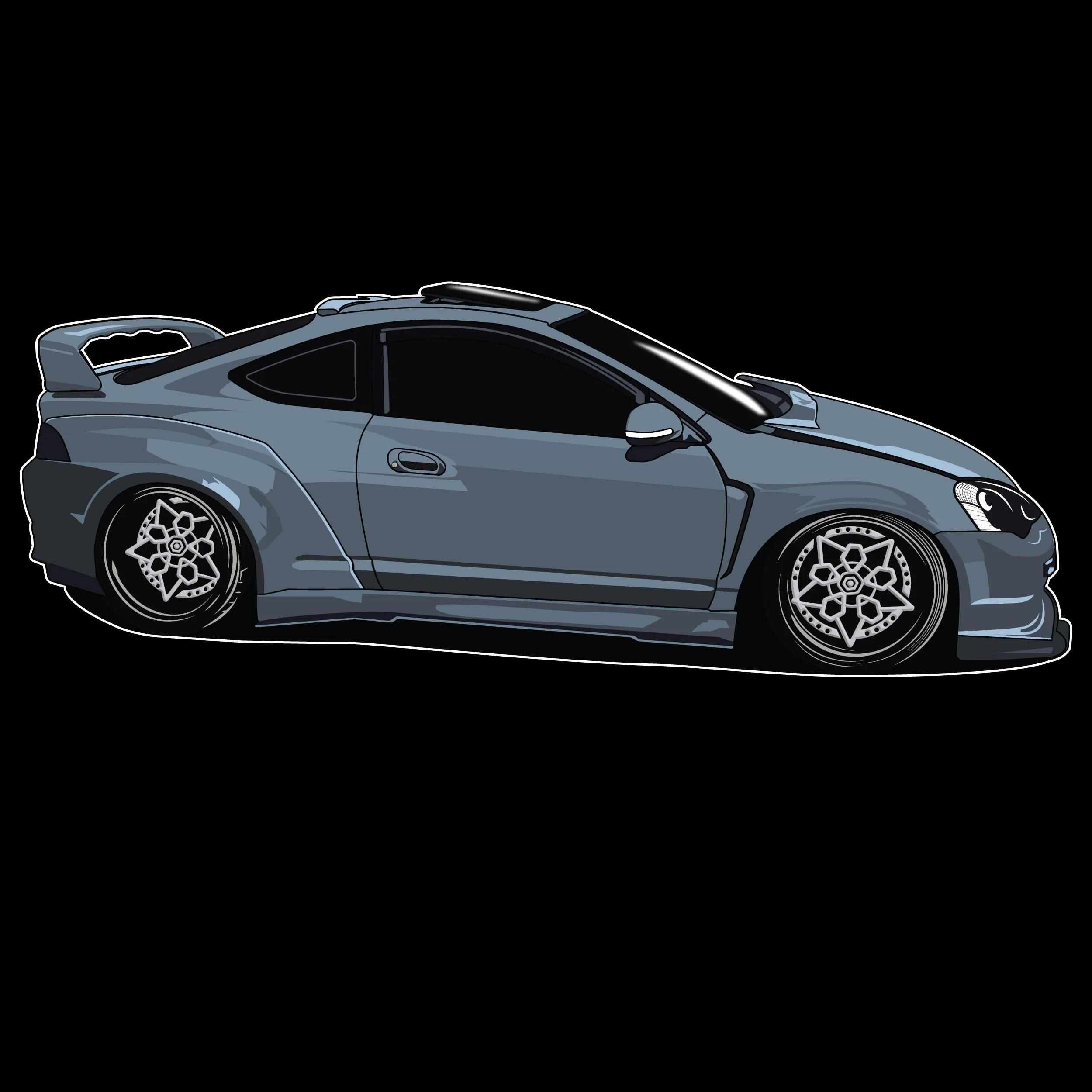 Illustration of a modified sports car with a rear wing and custom wheels