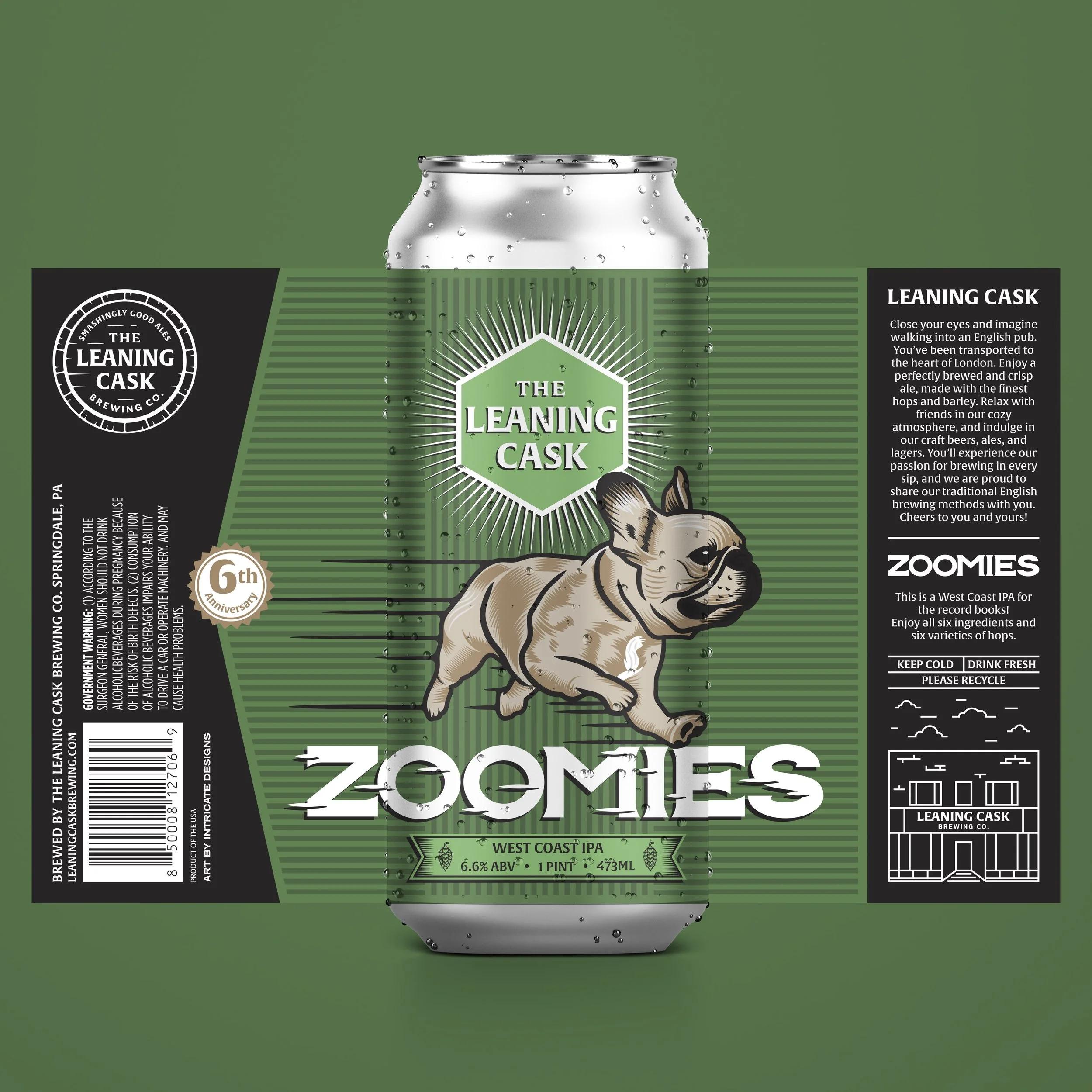 Leaning Cask Brewing Co. IPA can label featuring a running bulldog, the name 'Zoomies,' and a description of the beer as a West Coast IPA with 6.6% ABV. The label includes the brewery's logo and a green and black color scheme.