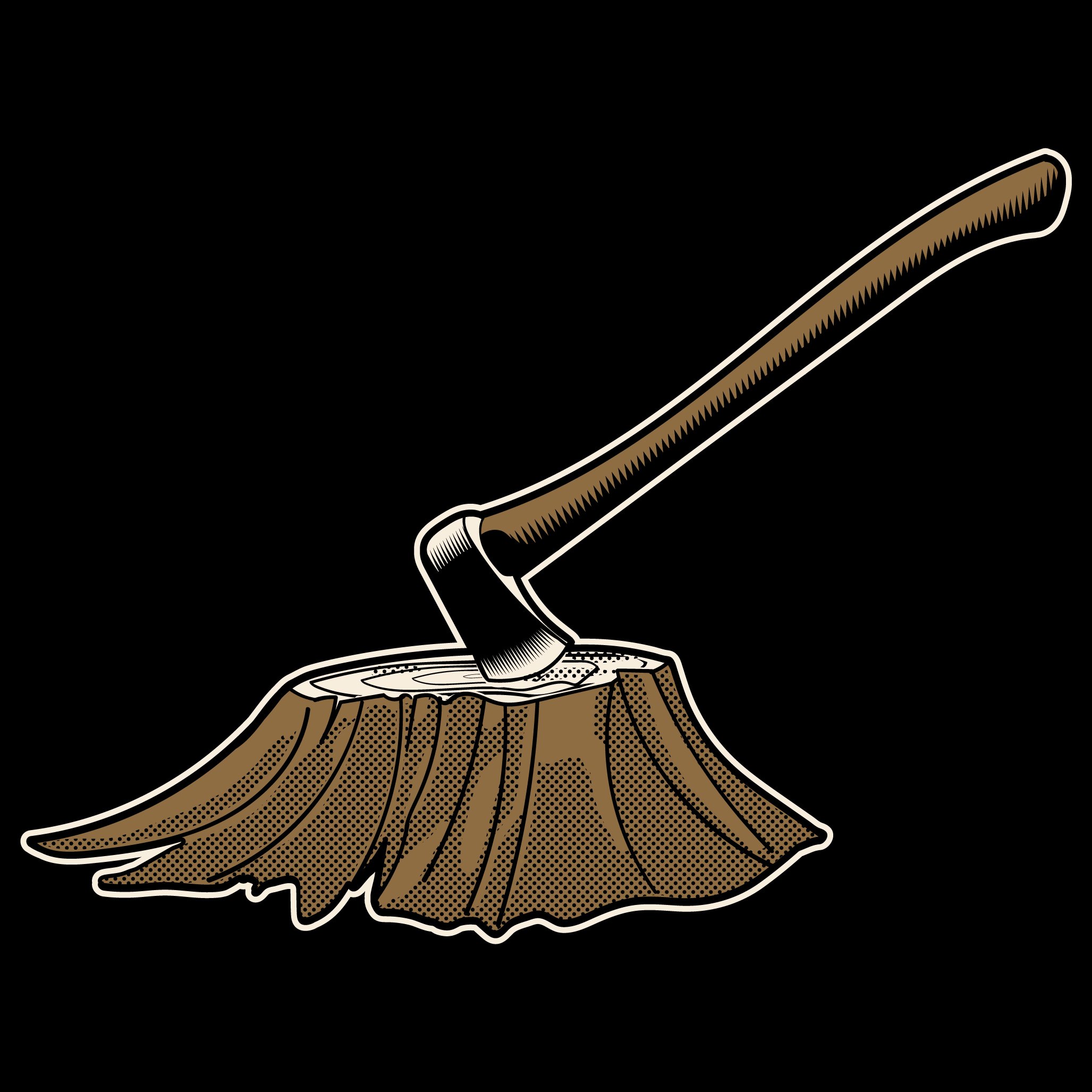 Illustration of an axe embedded in a tree stump on a black background.