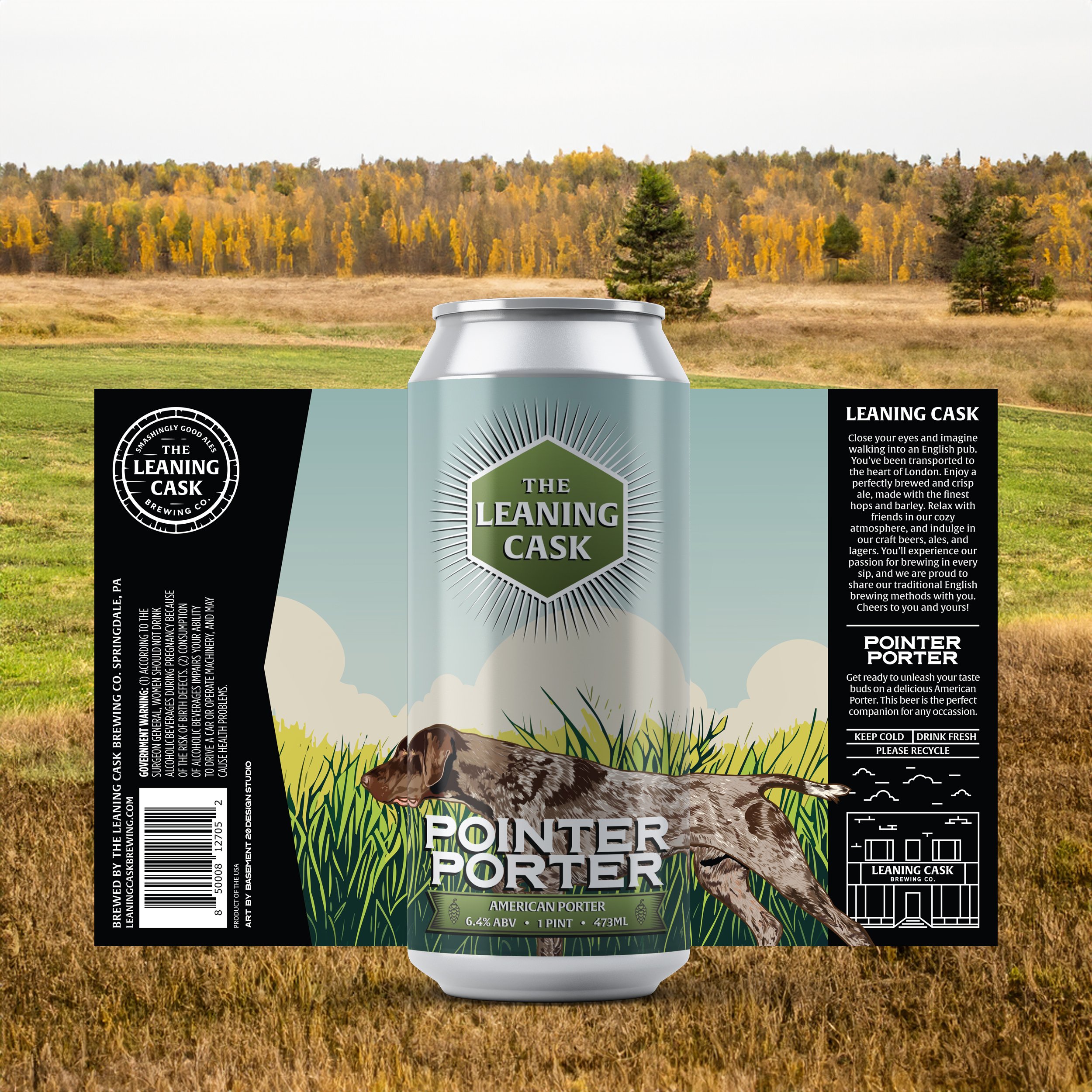The Leaning Cask Brewing Co. "Pointer Porter" beer can with a dog illustration in a scenic outdoor setting, featuring fields and trees. The can includes details about the beer and a company logo.
