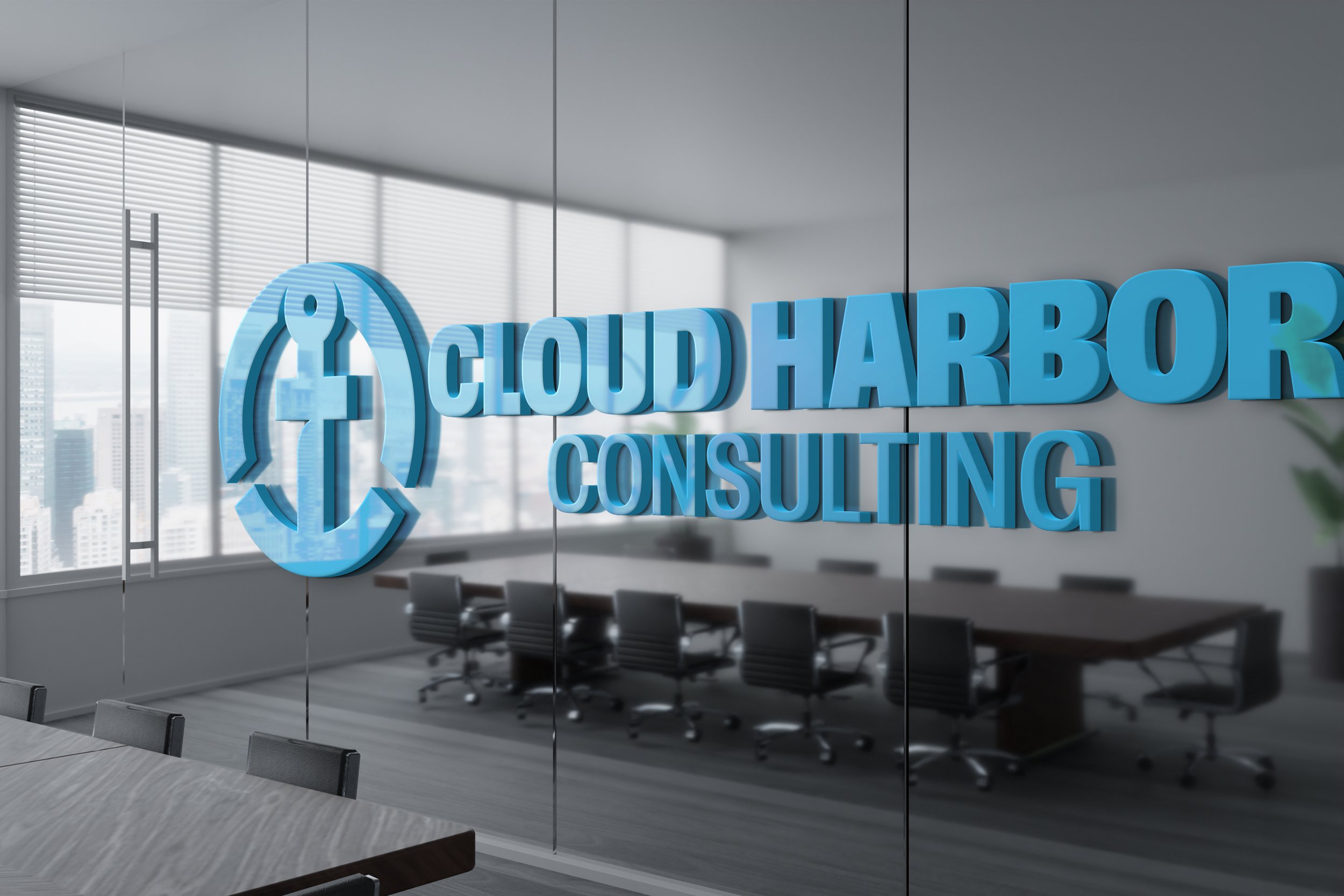 Office conference room with glass wall displaying "Cloud Harbor Consulting" logo featuring an anchor symbol.