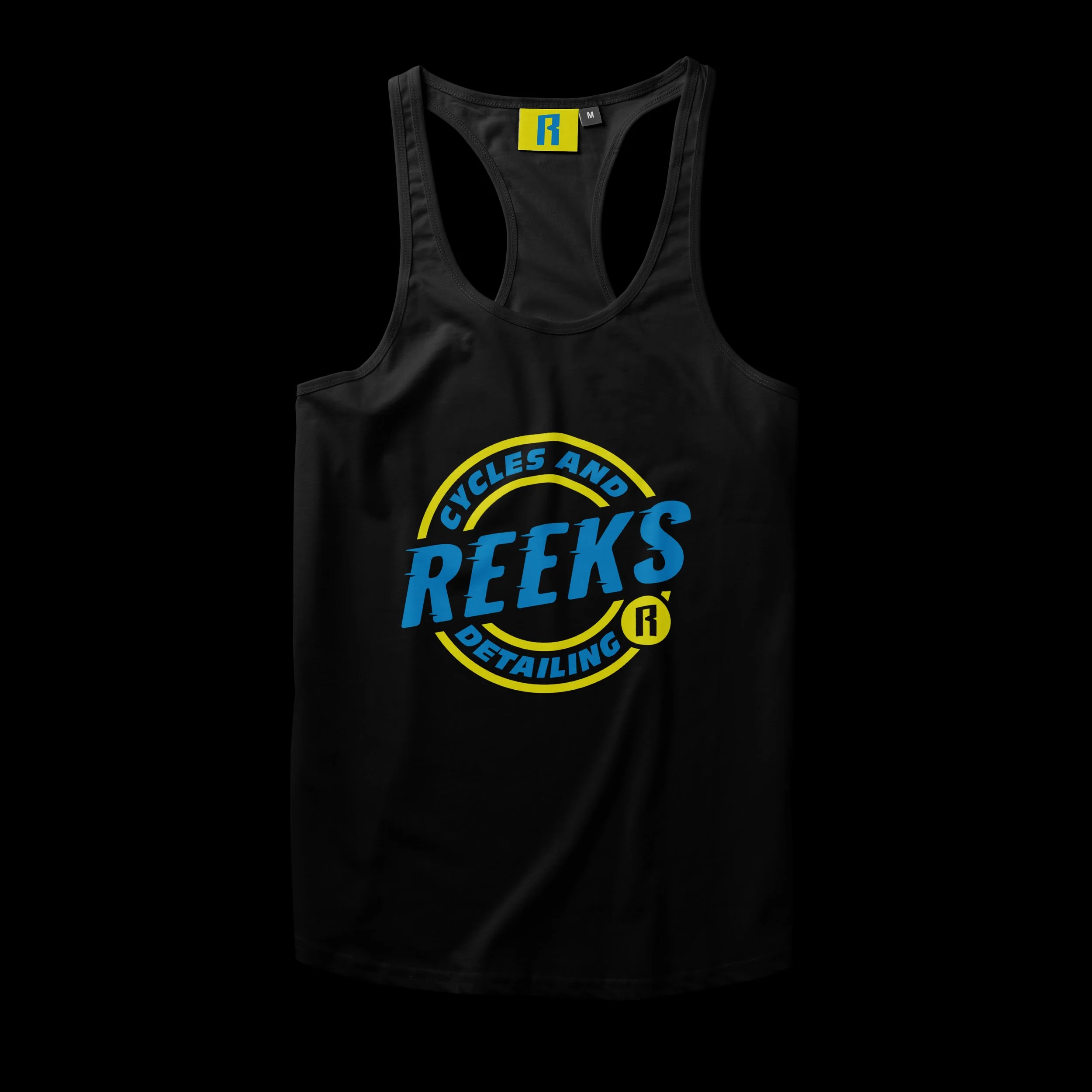 Black tank top with "Reeks Cycles and Detailing" logo, featuring blue and yellow text on the front.