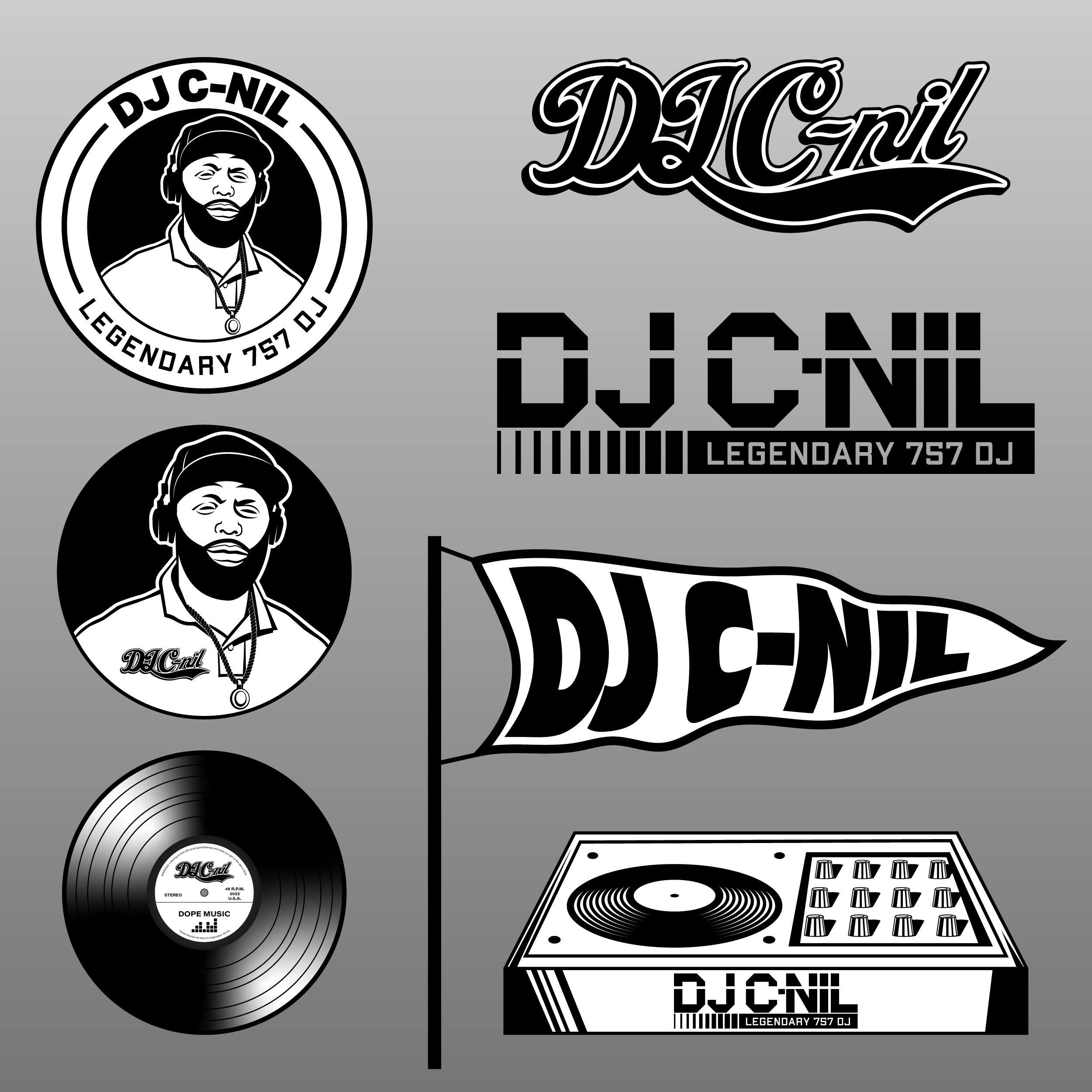 Various logos and graphics of DJ C-Nil, including illustrations of his face with headphones, turntable, vinyl record, flag, and text saying 'DJ C-Nil Legendary 757 DJ.'