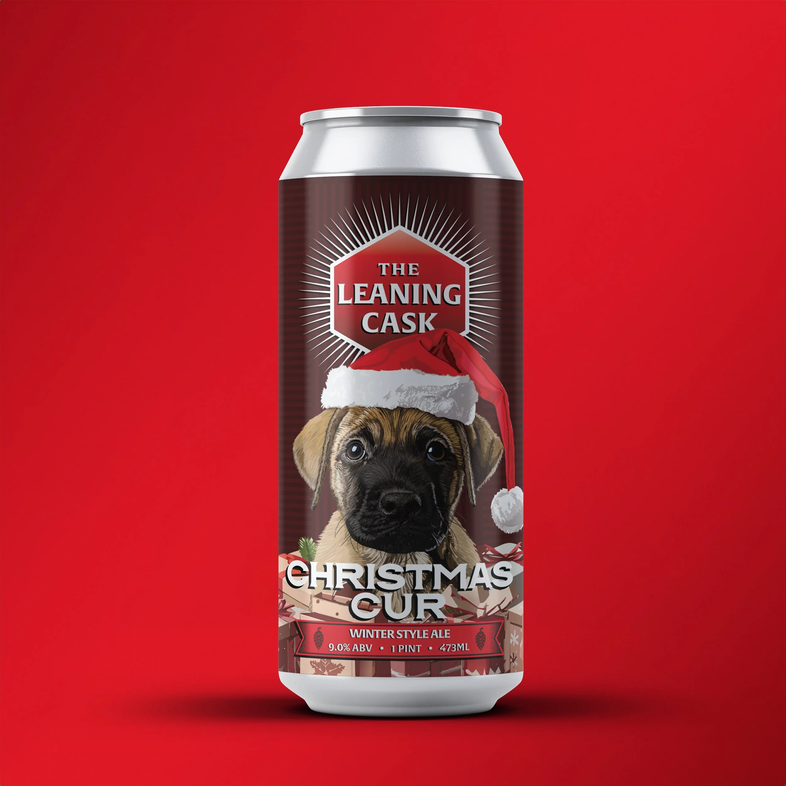 A red can of "The Leaning Cask" Christmas Cur winter style ale with a puppy in a Santa hat on the label.