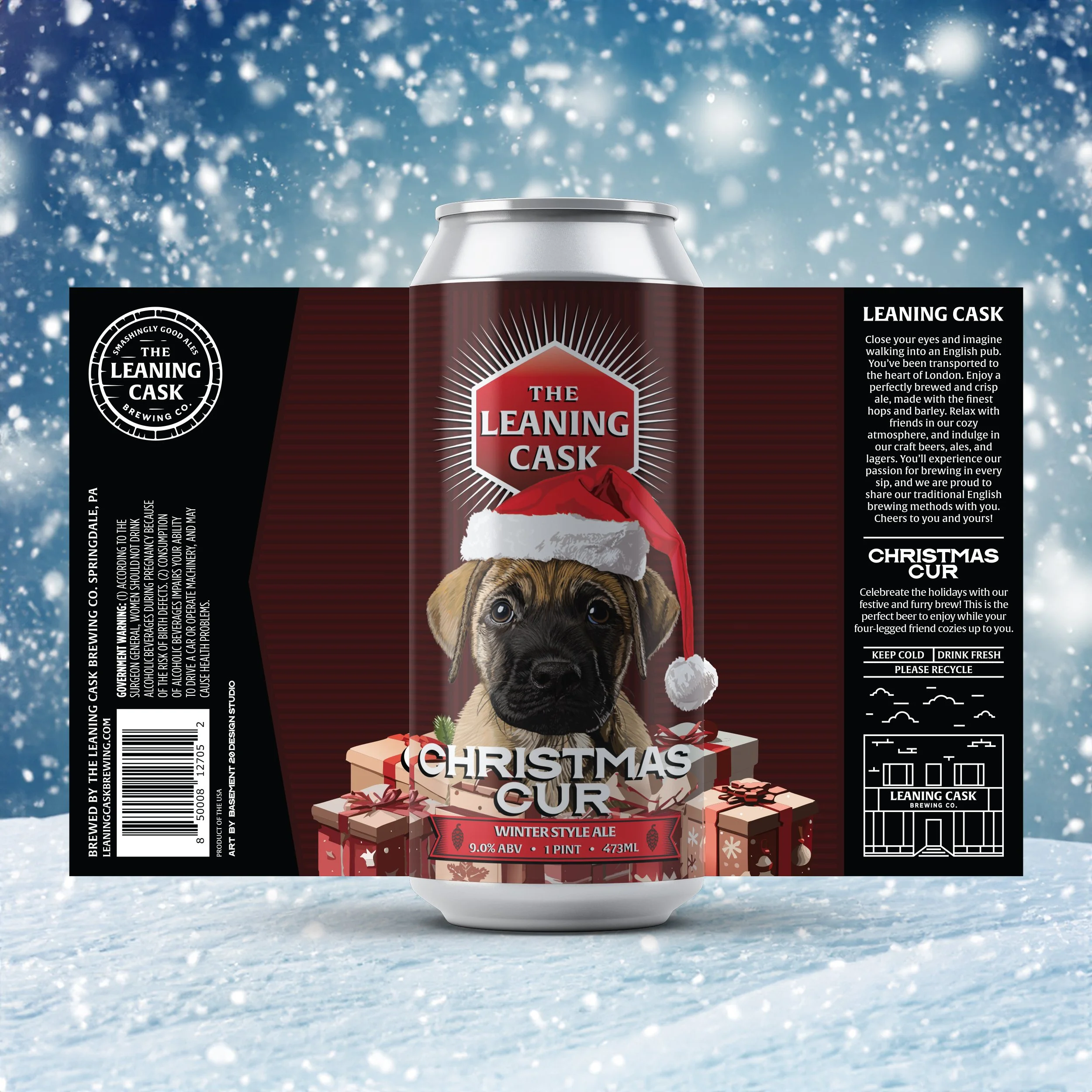 Beer can label design featuring "The Leaning Cask" logo, a puppy wearing a Santa hat, and text "Christmas Cur Winter Style Ale 9.0% ABV" with a snowy and gift-themed background.