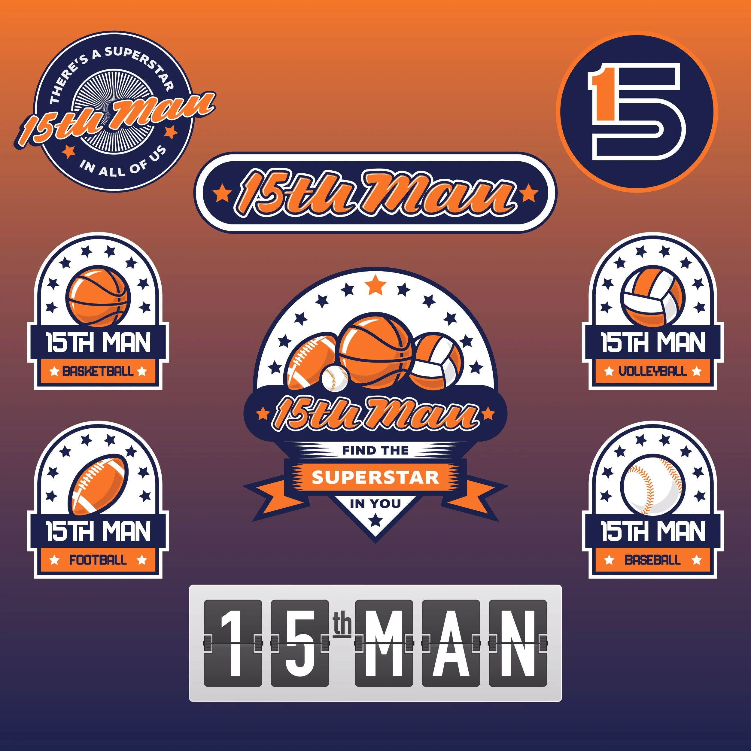 "15th Man" sports-themed graphics with basketball, football, volleyball, and baseball icons, featuring motivational phrases like "There's a superstar in all of us" and "Find the superstar in you."
