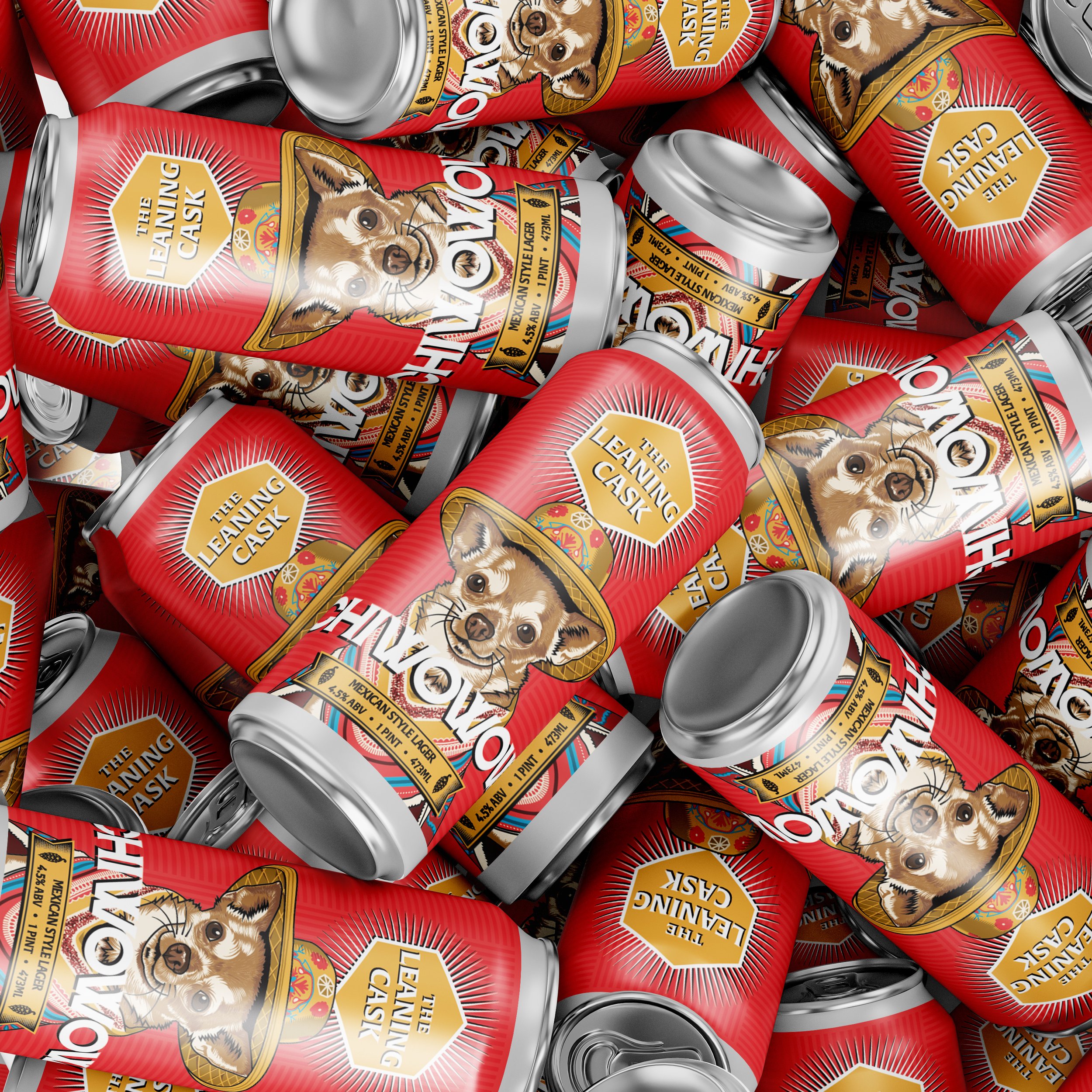 Pile of beer cans with red labels featuring a cartoon dog wearing a hat, branded as "The Leaning Cask."