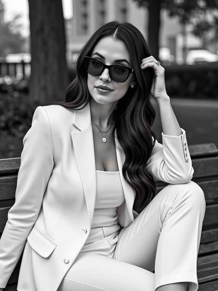A woman in a white suit and sunglasses sitting on a park bench, touching her hair.