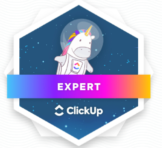 A badge with a cartoon unicorn holding a rainbow flag, set against a starry night background. The badge has a purple, blue, and yellow gradient banner with the word "EXPERT" and the ClickUp logo.