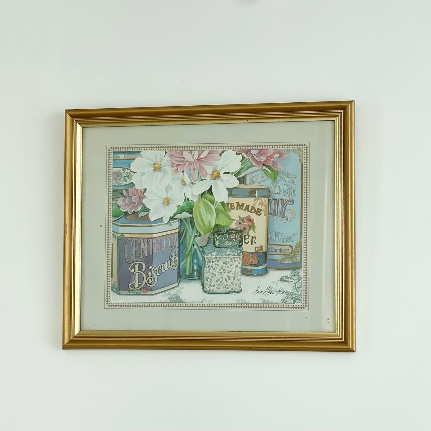 SOLD 🍋 vintage framed watercolour kitchen print 🍪

&bull; ready to hang in your kitchen!
&bull; by ann marie murphy
&bull; print is framed in a gold frame with glass protecting the artwork
&bull; some tiny brown specks on the glass in one corner an