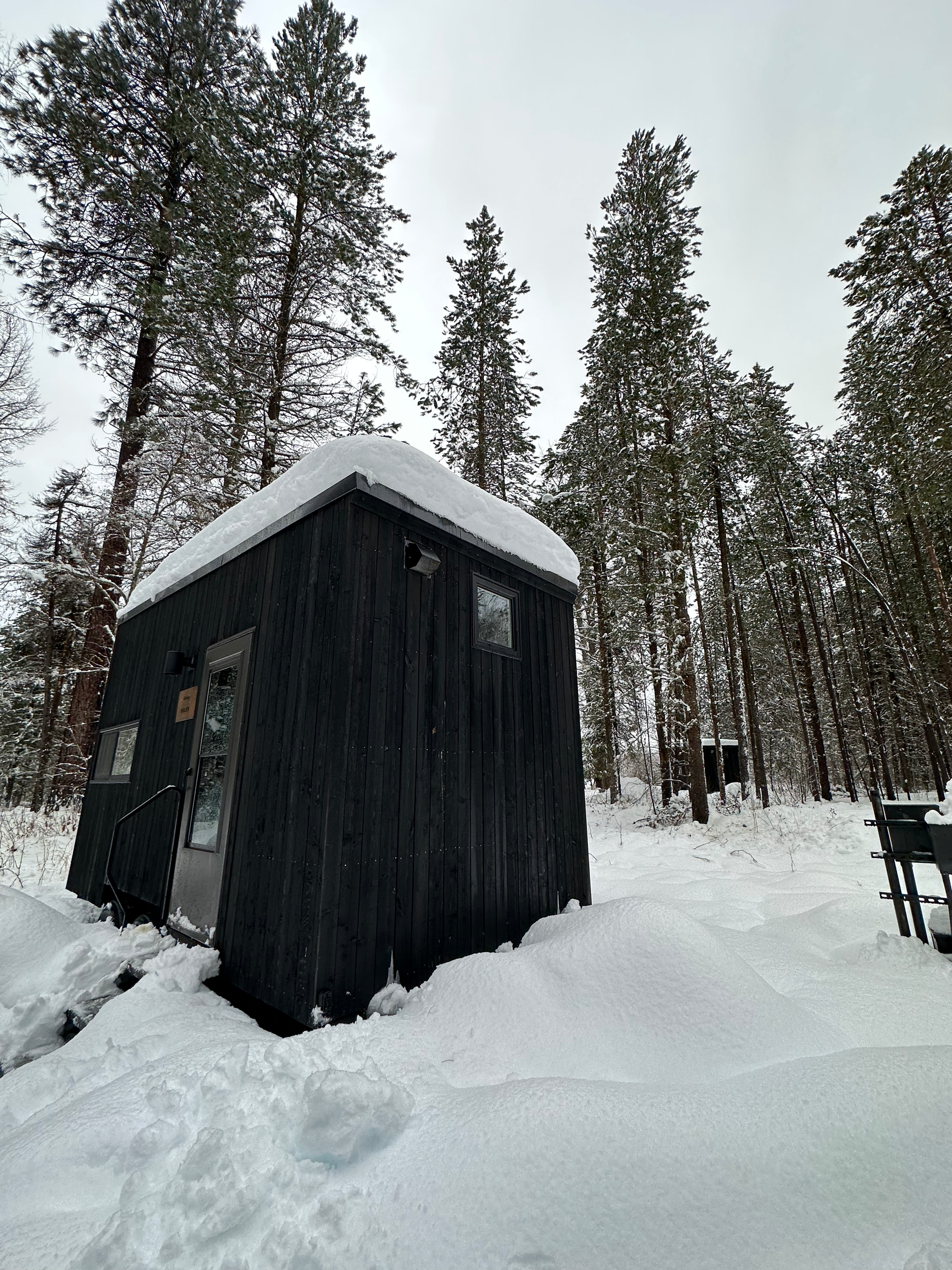 A black wooden small house covered with snow, surrounded by tall pine trees in a winter landscape.