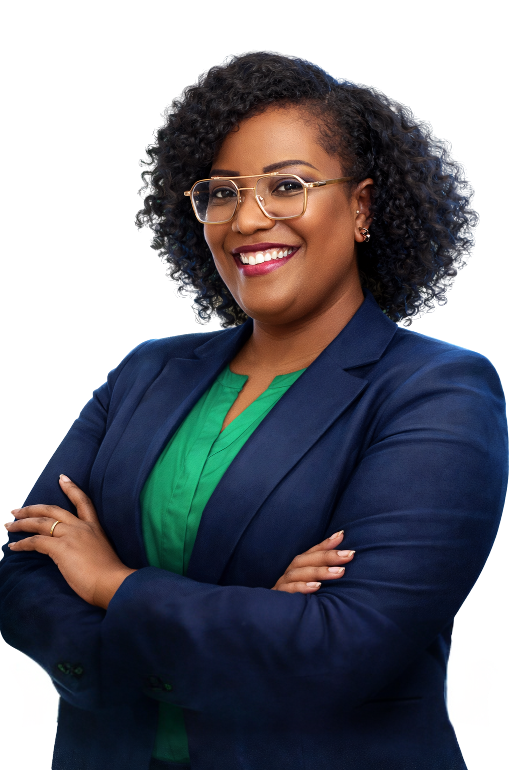 Attorney Whitney Thomas - Black American woman with glasses, dressed in blue blazer and a green top