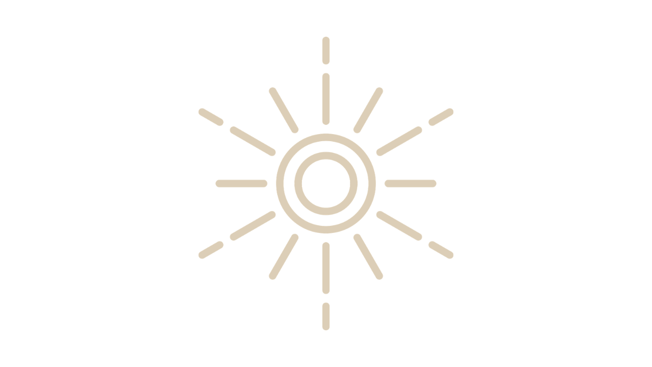Diseño simple de un ojo rodeado por rayos de luz o energía, en colores beige y negro.