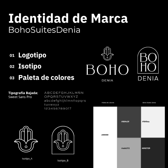Presentación de la identidad de marca de Boho Suites Denia, que incluye logotipo, isotipo, paleta de colores y ejemplos visuales.